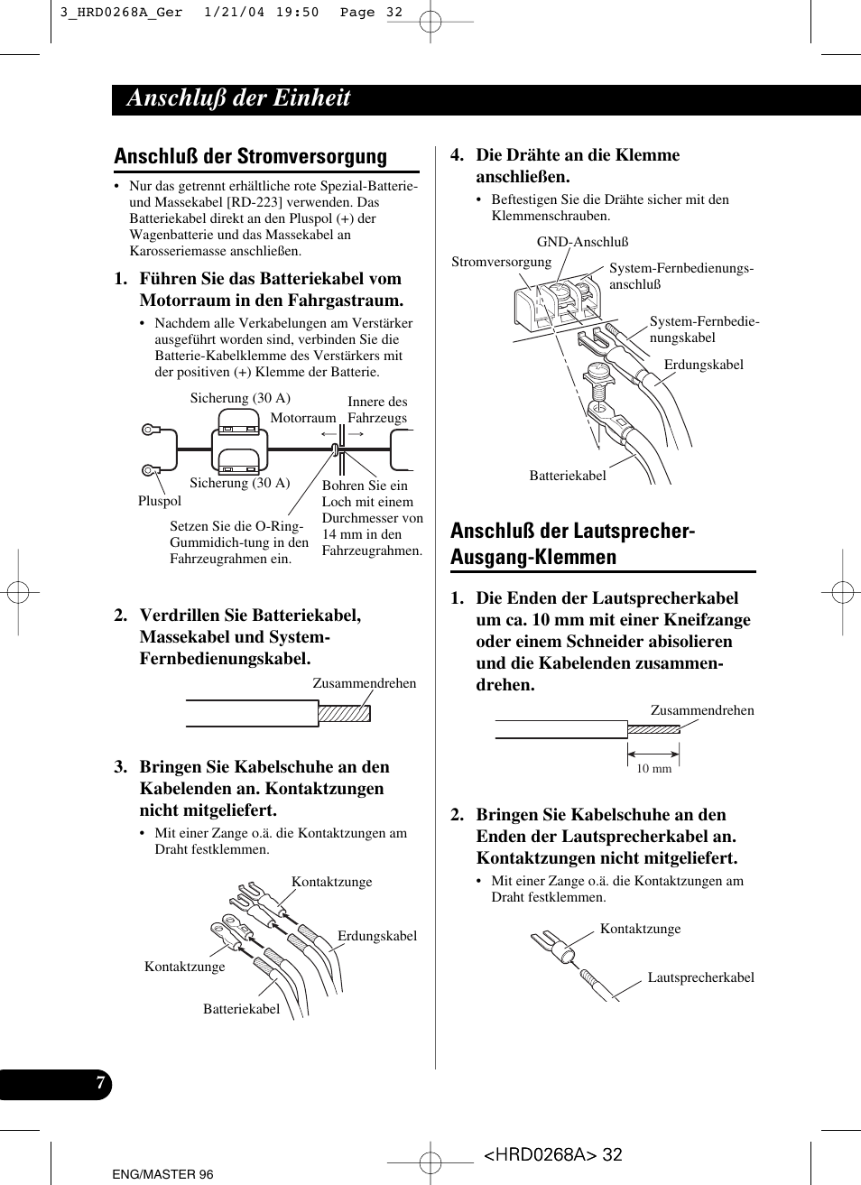 Klemmen, Anschluß der einheit, Anschluß der stromversorgung | Anschluß der lautsprecher- ausgang-klemmen | Pioneer GM-4000F User Manual | Page 32 / 74