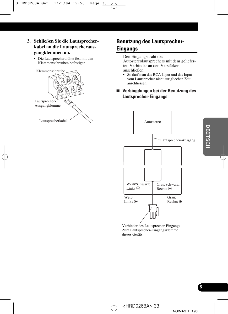 Benutzung des lautsprecher-eingangs, Benutzung des lautsprecher- eingangs | Pioneer GM-4000F User Manual | Page 33 / 74