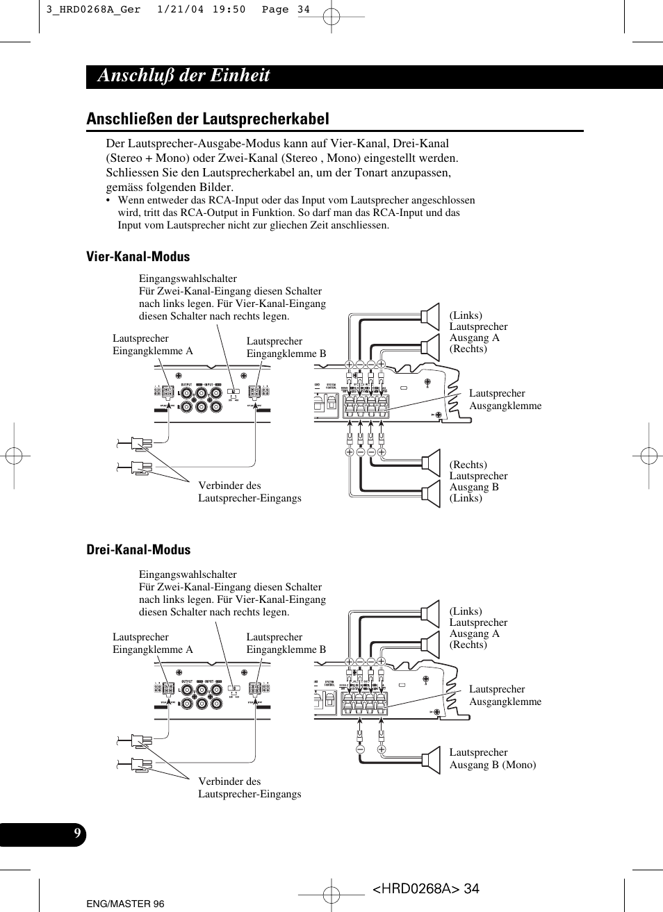 Anschließen der lautsprecherkabel, Anschluß der einheit, Vier-kanal-modus drei-kanal-modus | Pioneer GM-4000F User Manual | Page 34 / 74
