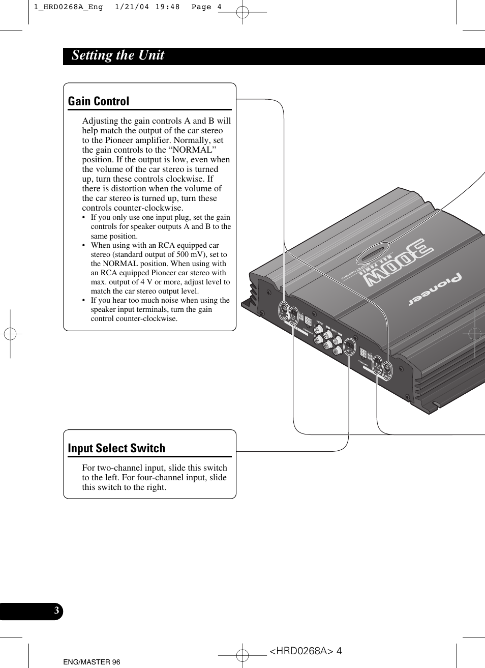 Setting the unit, Gain control input select switch, Gain control | Input select switch | Pioneer GM-4000F User Manual | Page 4 / 74