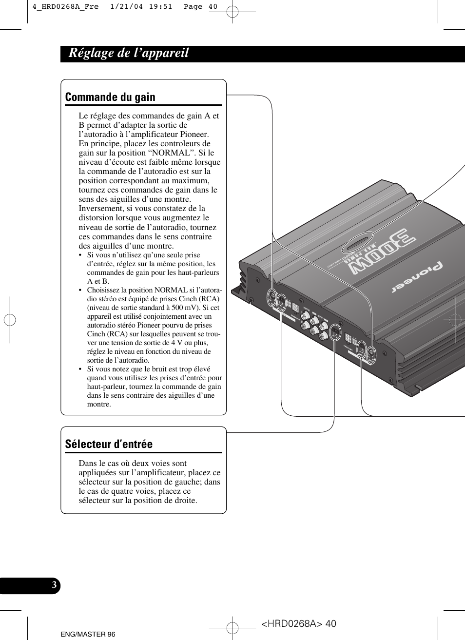 Réglage de l’appareil, Commande du gain sélecteur d’entrée, Commande du gain | Sélecteur d’entrée | Pioneer GM-4000F User Manual | Page 40 / 74