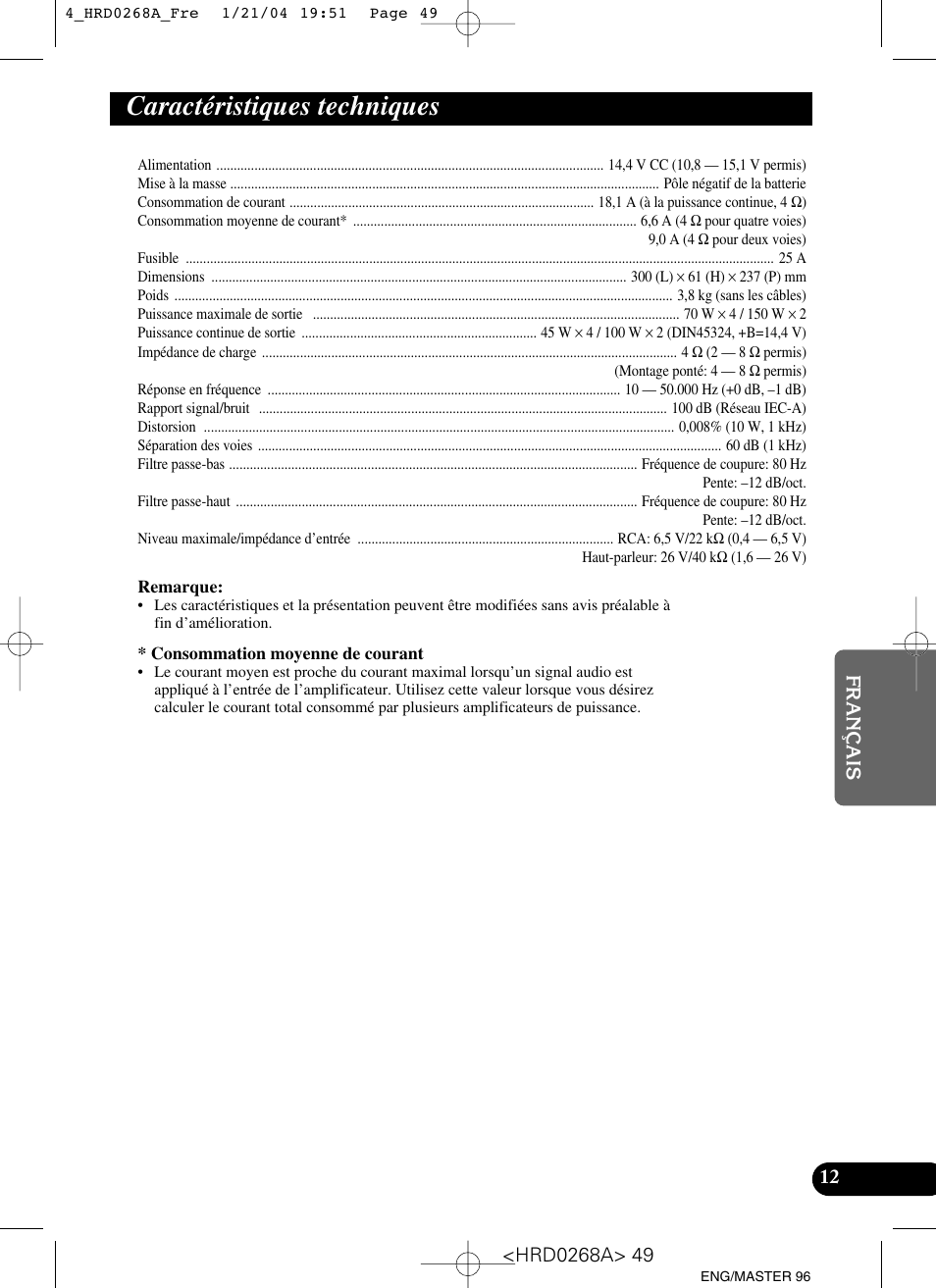 Caractéristiques techniques | Pioneer GM-4000F User Manual | Page 49 / 74