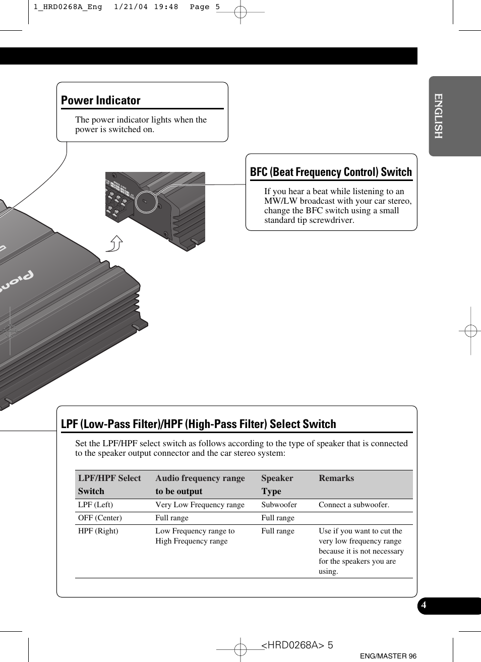 Filter) select switch, Power indicator, Bfc (beat frequency control) switch | Pioneer GM-4000F User Manual | Page 5 / 74
