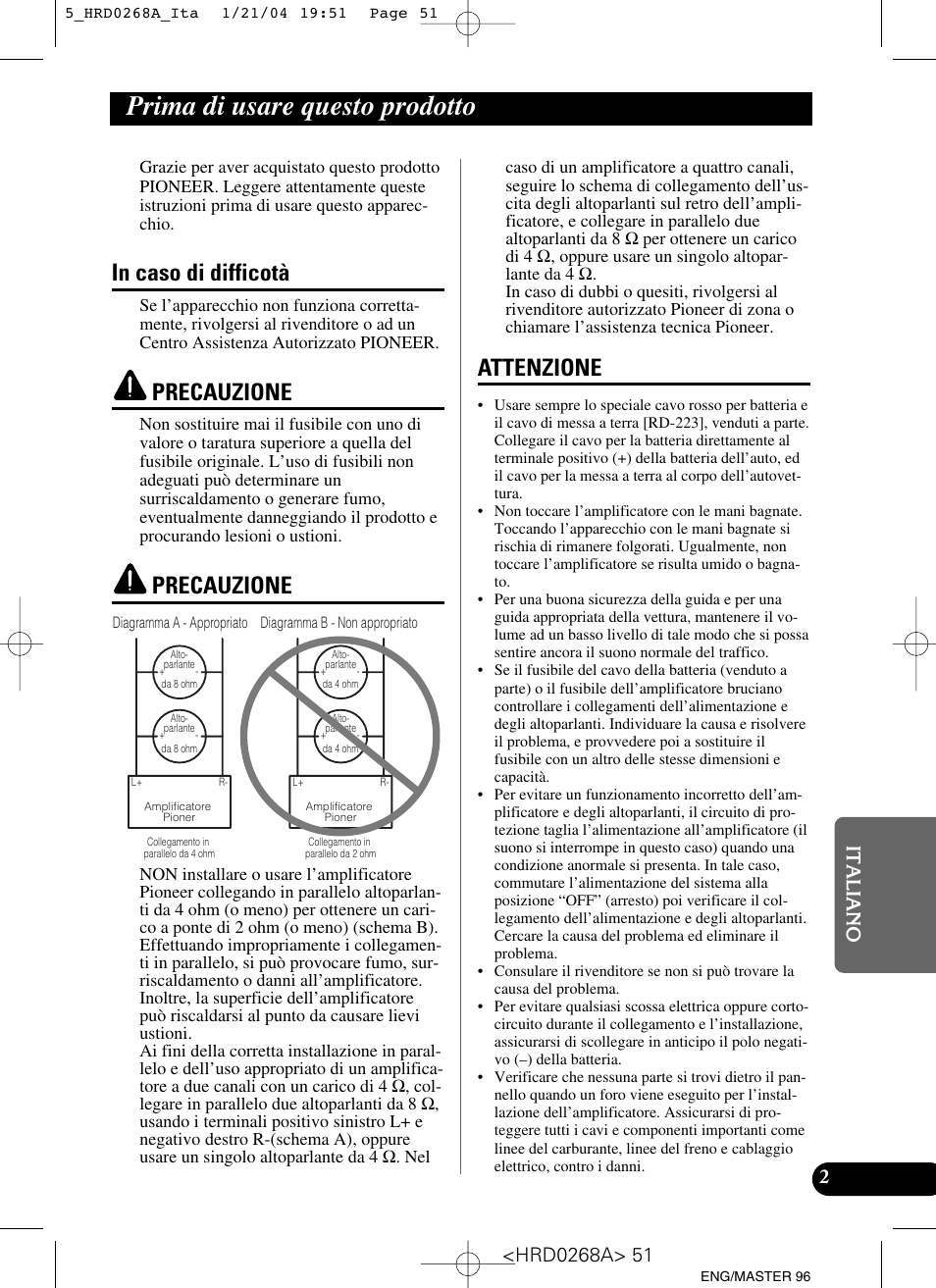 Prima di usare questo prodotto, Precauzione, Attenzione | Pioneer GM-4000F User Manual | Page 51 / 74