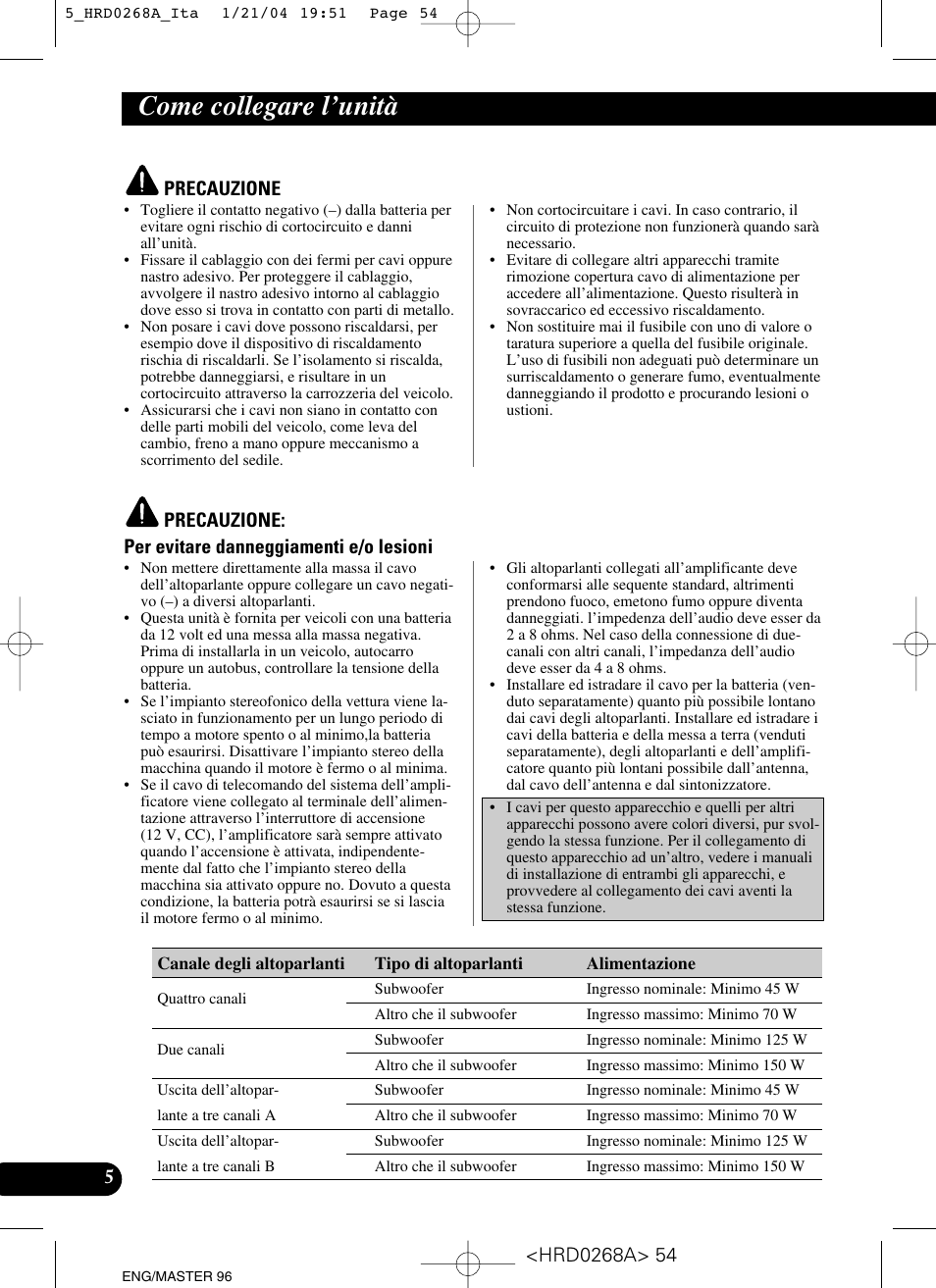 Come collegare i’unità, Come collegare l’unità | Pioneer GM-4000F User Manual | Page 54 / 74