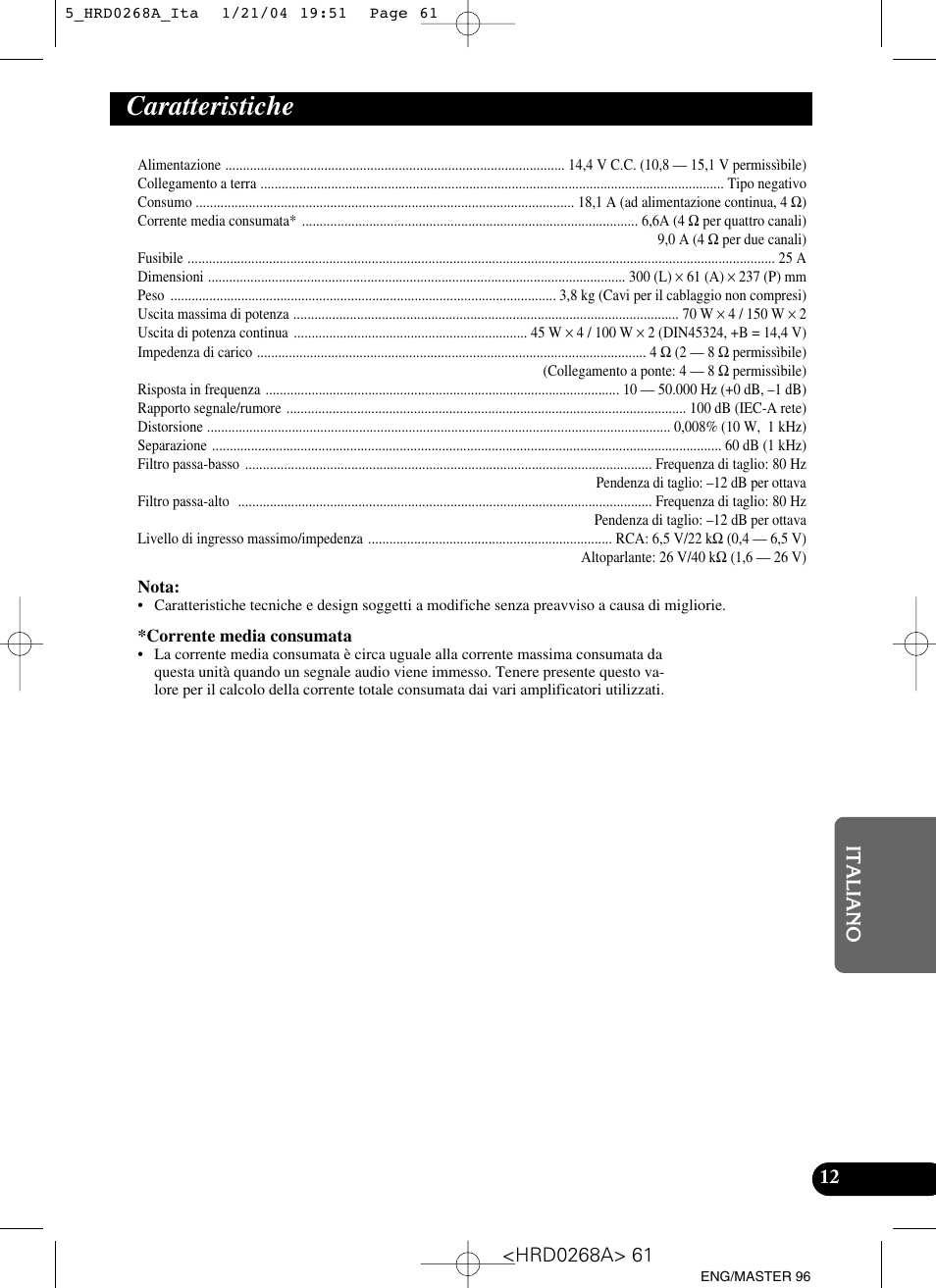 Caratteristiche | Pioneer GM-4000F User Manual | Page 61 / 74