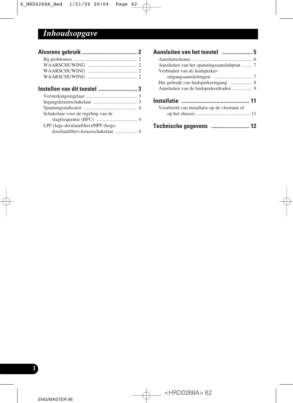 Inhoudsopgave | Pioneer GM-4000F User Manual | Page 62 / 74