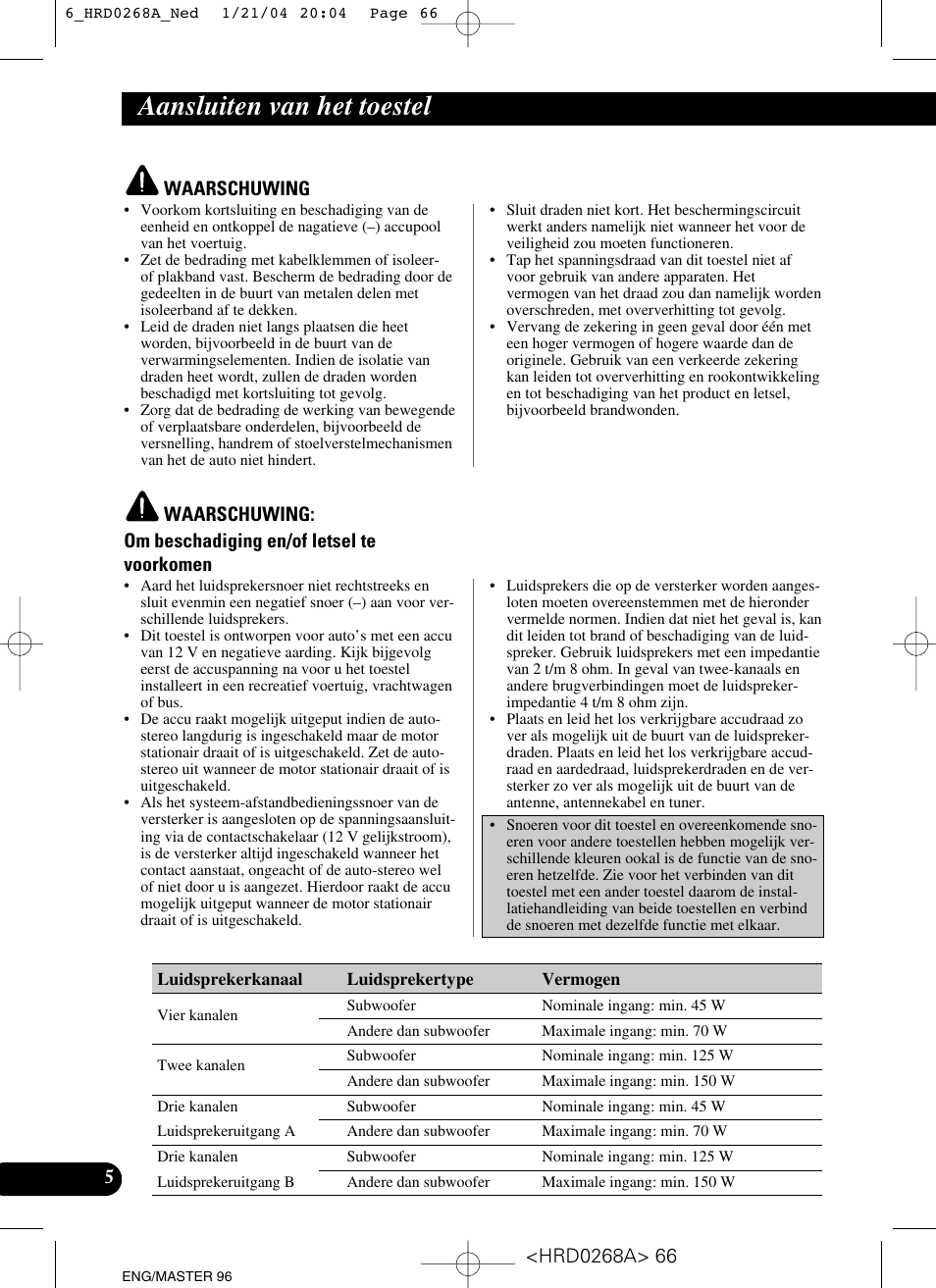 Aansluiten van het toestel | Pioneer GM-4000F User Manual | Page 66 / 74