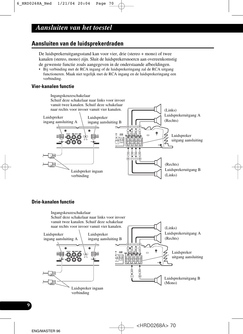 Aansluiten van de luidsprekerdraden, Aansluiten van het toestel, Vier-kanalen functie drie-kanalen functie | Pioneer GM-4000F User Manual | Page 70 / 74
