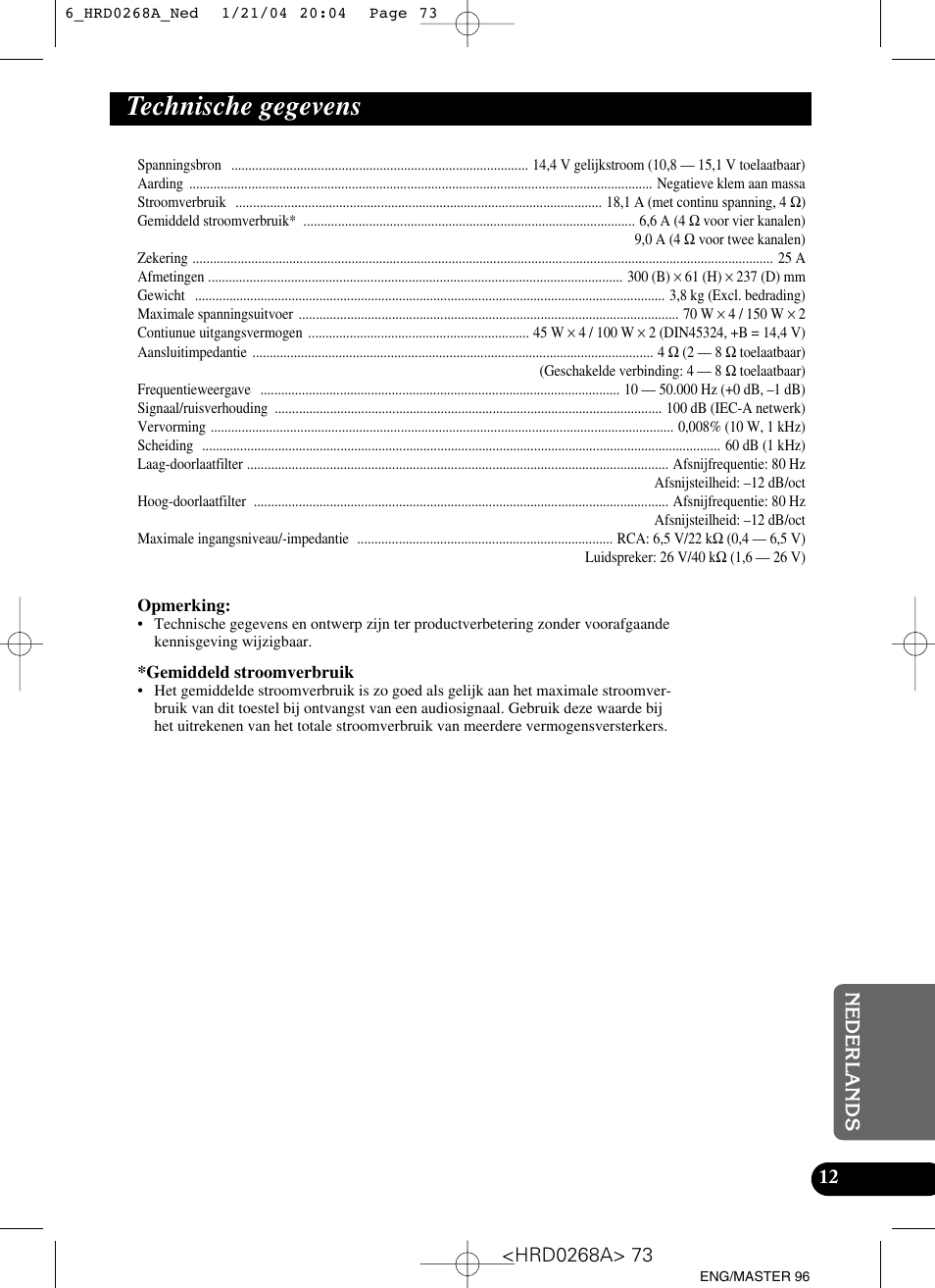 Technische gegevens | Pioneer GM-4000F User Manual | Page 73 / 74