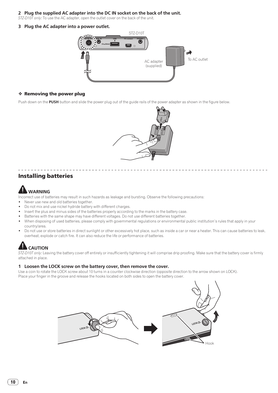 Installing batteries, 3 plug the ac adapter into a power outlet, Removing the power plug | Warning, Caution | Pioneer STZ-D10T-G User Manual | Page 10 / 35