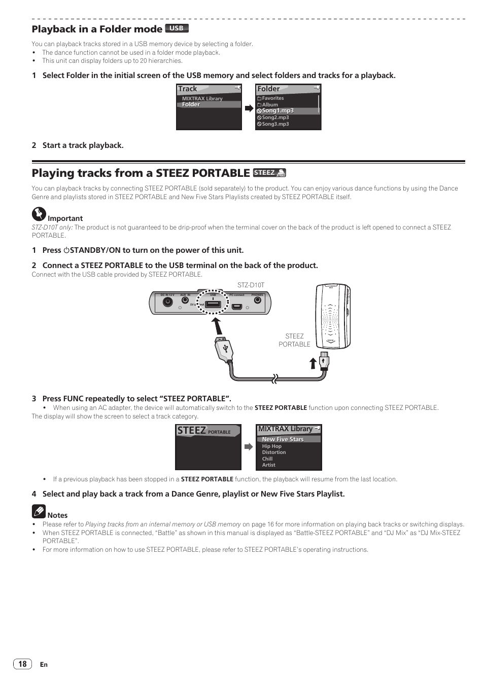Playback in a folder mode, Playing tracks from a steez portable, Steez | Pioneer STZ-D10T-G User Manual | Page 18 / 35