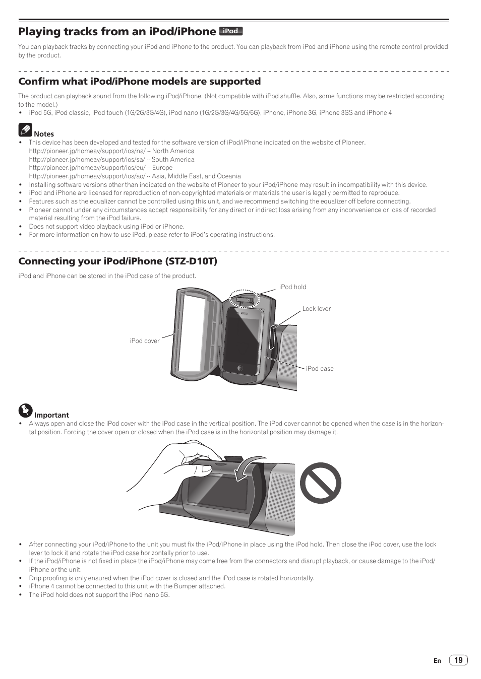 Playing tracks from an ipod/iphone, Confirm what ipod/iphone models are supported, Connecting your ipod/iphone (stz-d10t) | Pioneer STZ-D10T-G User Manual | Page 19 / 35