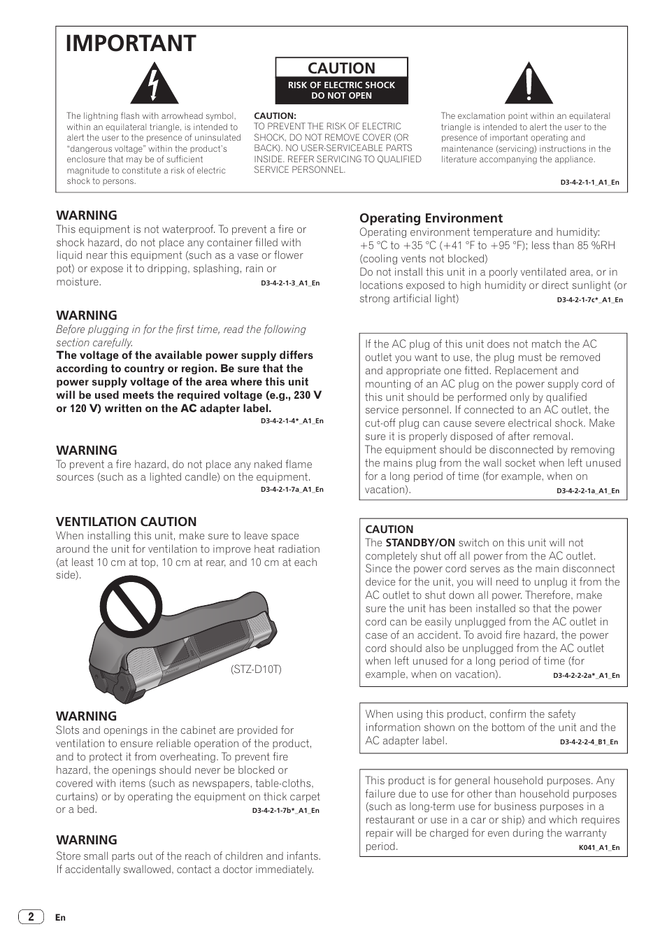 Important, Caution, Warning | Ventilation caution, Operating environment | Pioneer STZ-D10T-G User Manual | Page 2 / 35