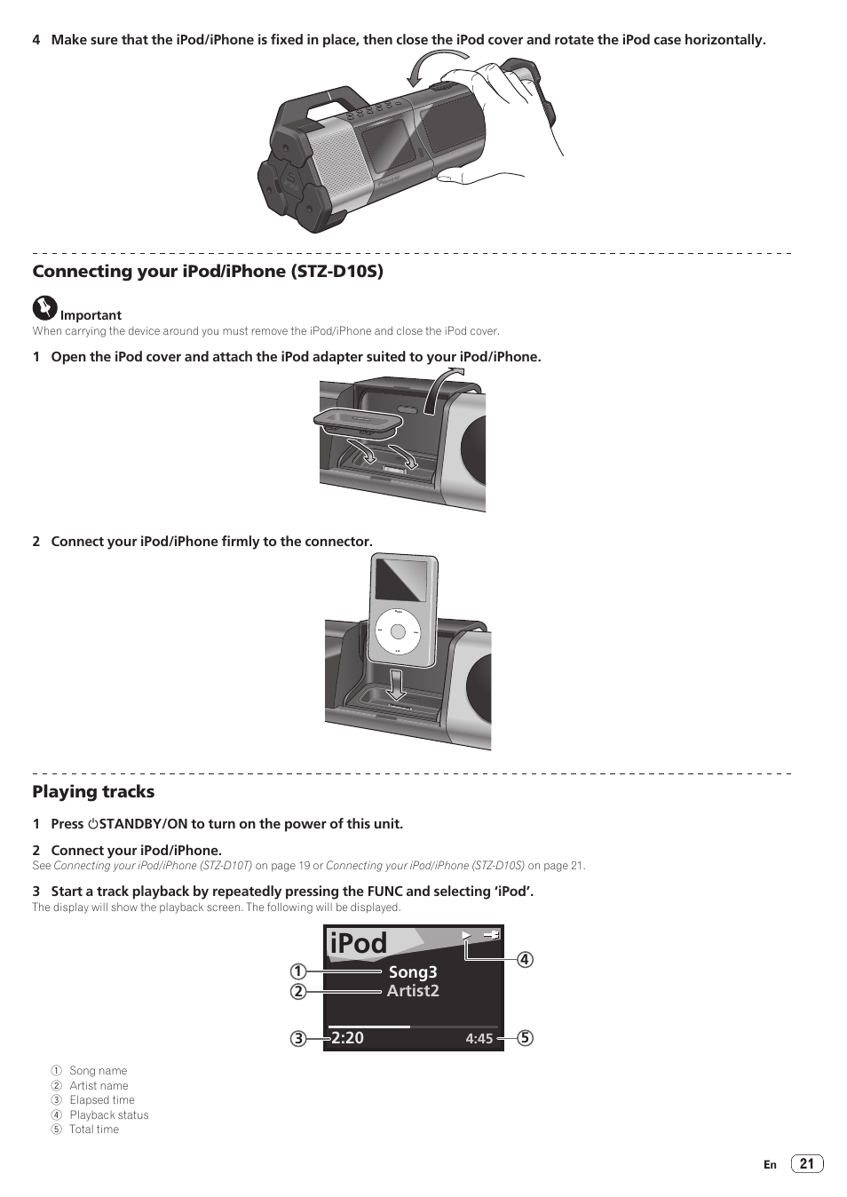 Ipod, Connecting your ipod/iphone (stz-d10s), Playing tracks | Pioneer STZ-D10T-G User Manual | Page 21 / 35