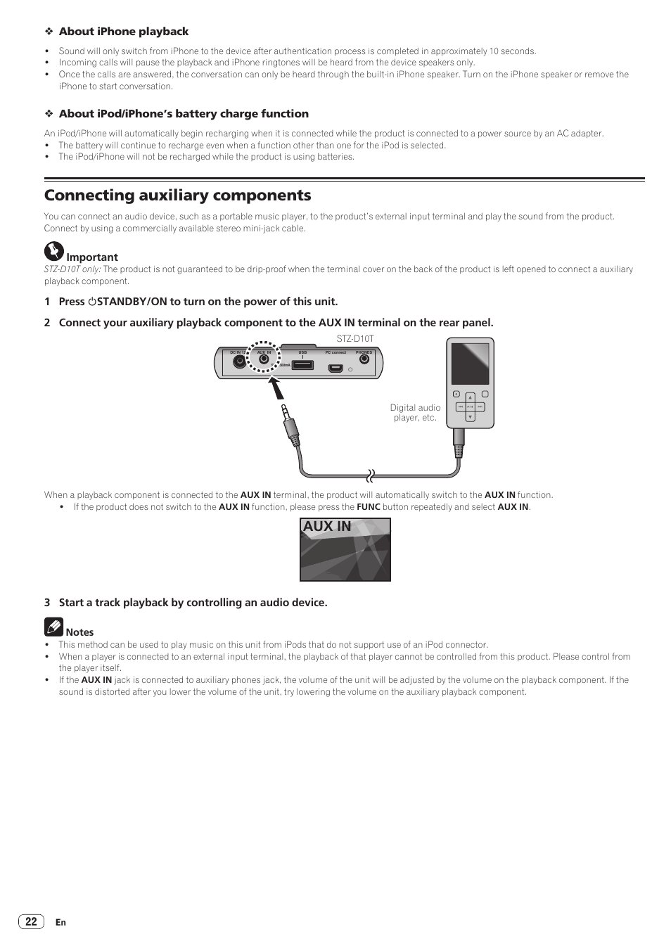 Connecting auxiliary components, Aux in | Pioneer STZ-D10T-G User Manual | Page 22 / 35