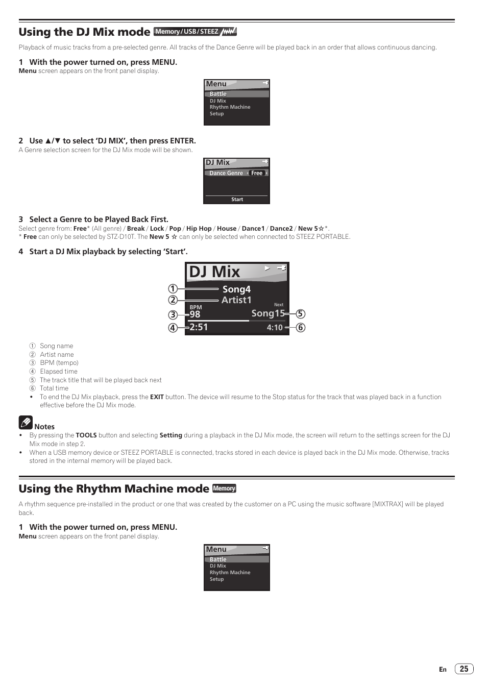Dj mix, Using the dj mix mode, Using the rhythm machine mode | Pioneer STZ-D10T-G User Manual | Page 25 / 35