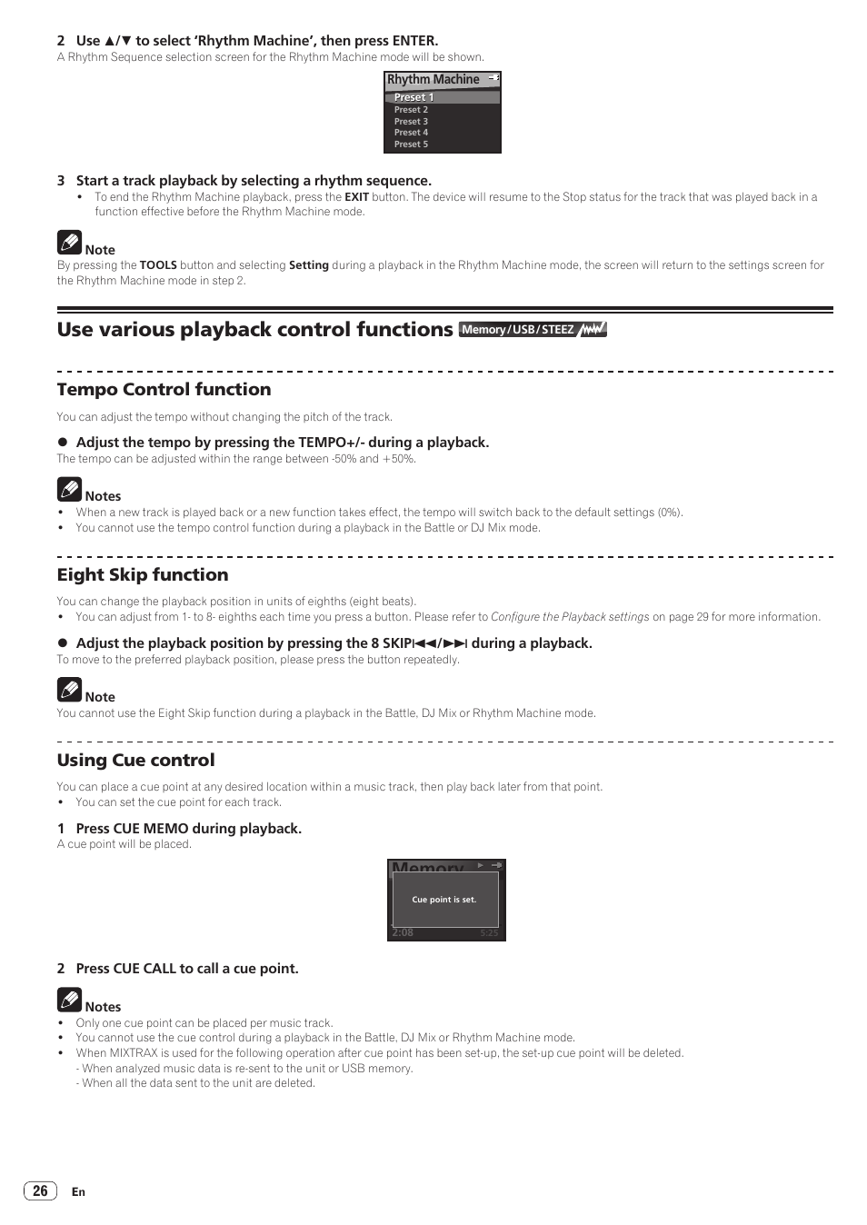 Use various playback control functions, Tempo control function, Eight skip function | Using cue control | Pioneer STZ-D10T-G User Manual | Page 26 / 35