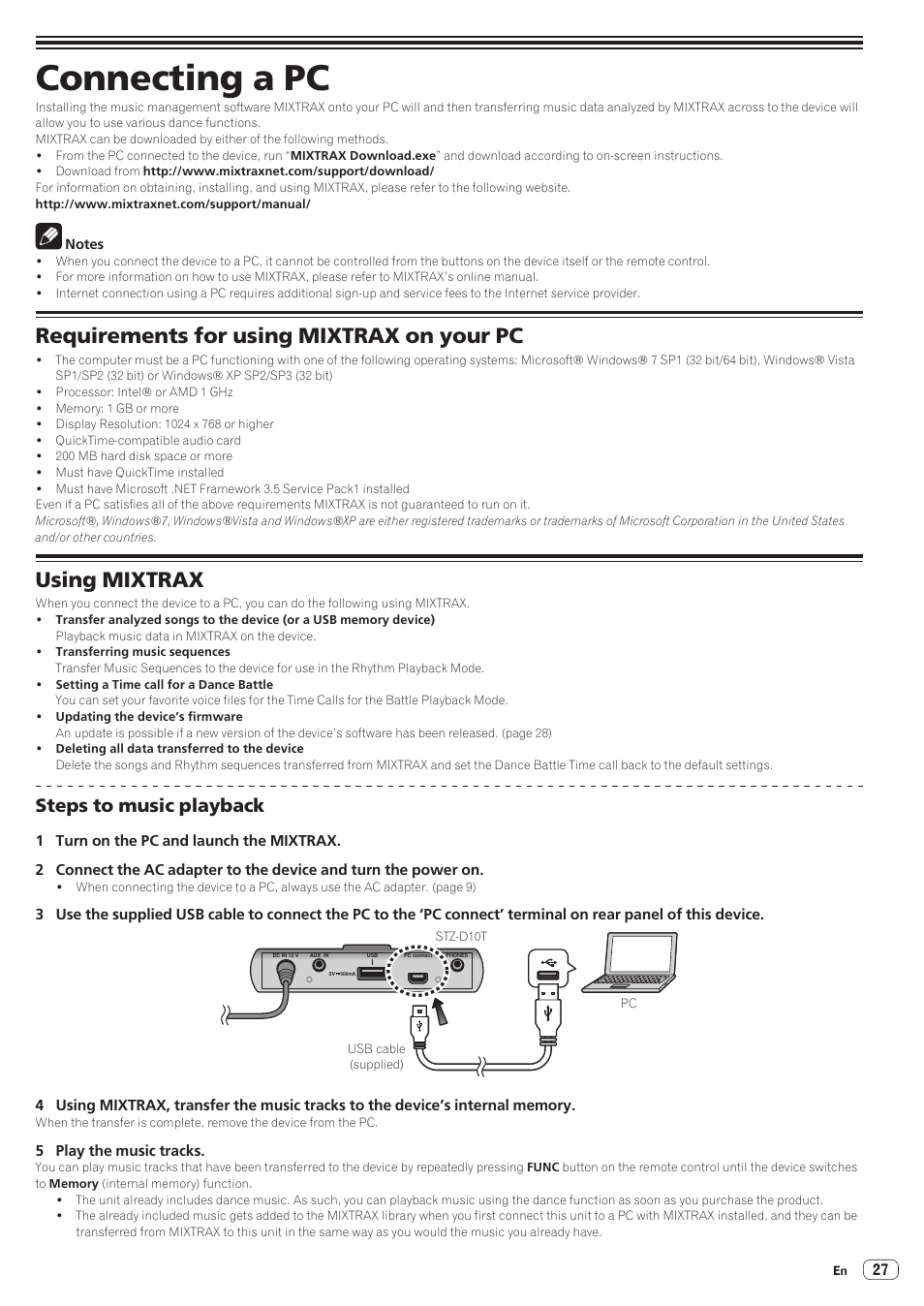 06 connecting a pc, Steps to music playback, Connecting a pc | Requirements for using mixtrax on your pc, Using mixtrax | Pioneer STZ-D10T-G User Manual | Page 27 / 35
