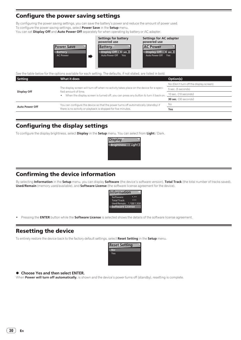 Configure the power saving settings, Configuring the display settings, Confirming the device information | Resetting the device | Pioneer STZ-D10T-G User Manual | Page 30 / 35