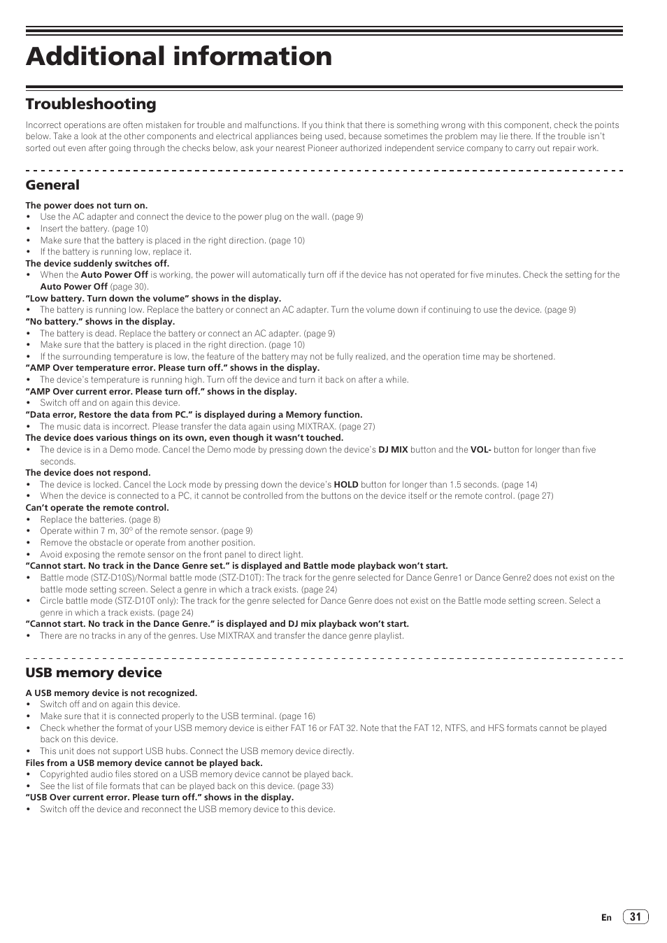 08 additional information, Troubleshooting, General usb memory device | Additional information, General | Pioneer STZ-D10T-G User Manual | Page 31 / 35