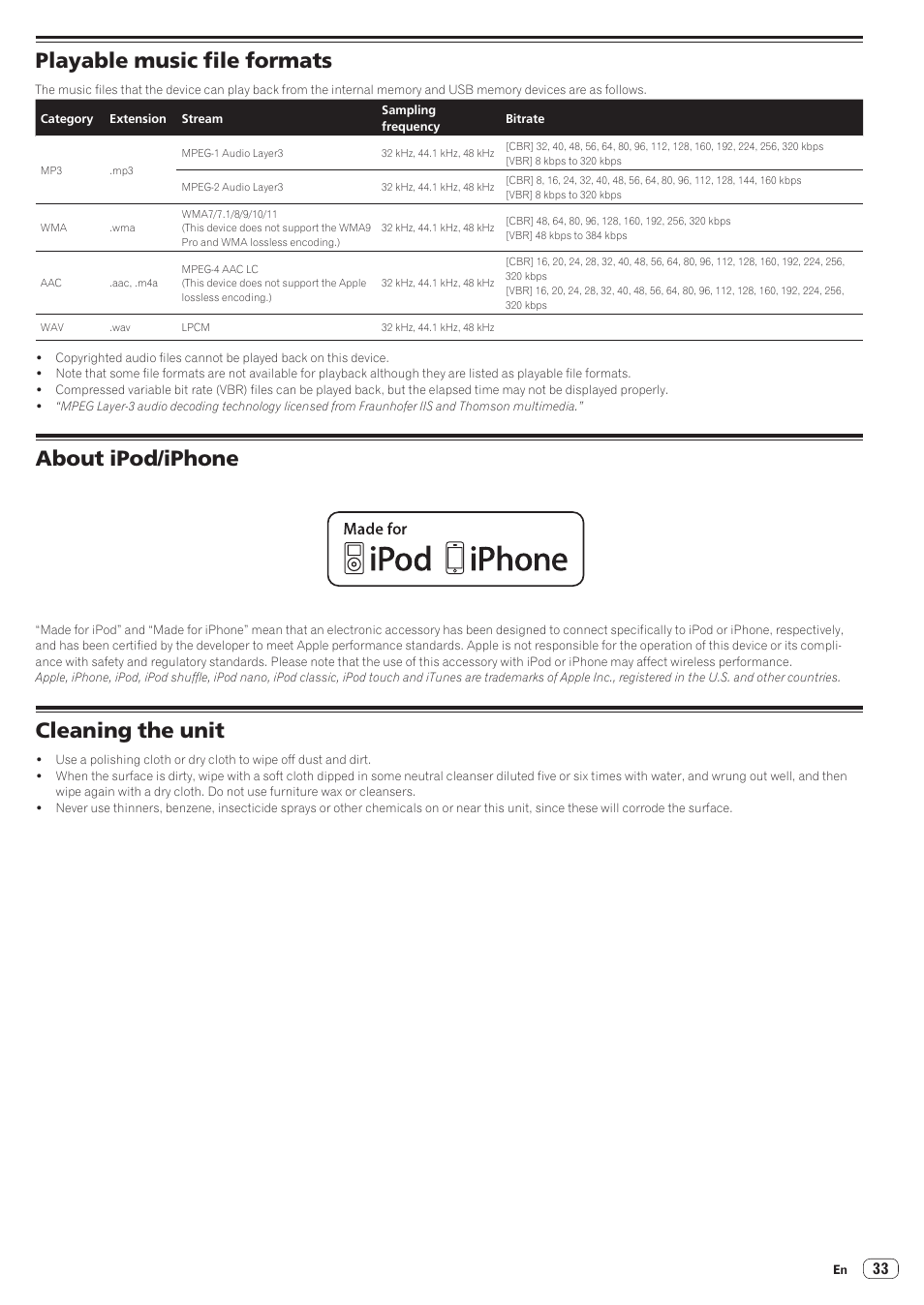 Playable music file formats, About ipod/iphone, Cleaning the unit | Pioneer STZ-D10T-G User Manual | Page 33 / 35