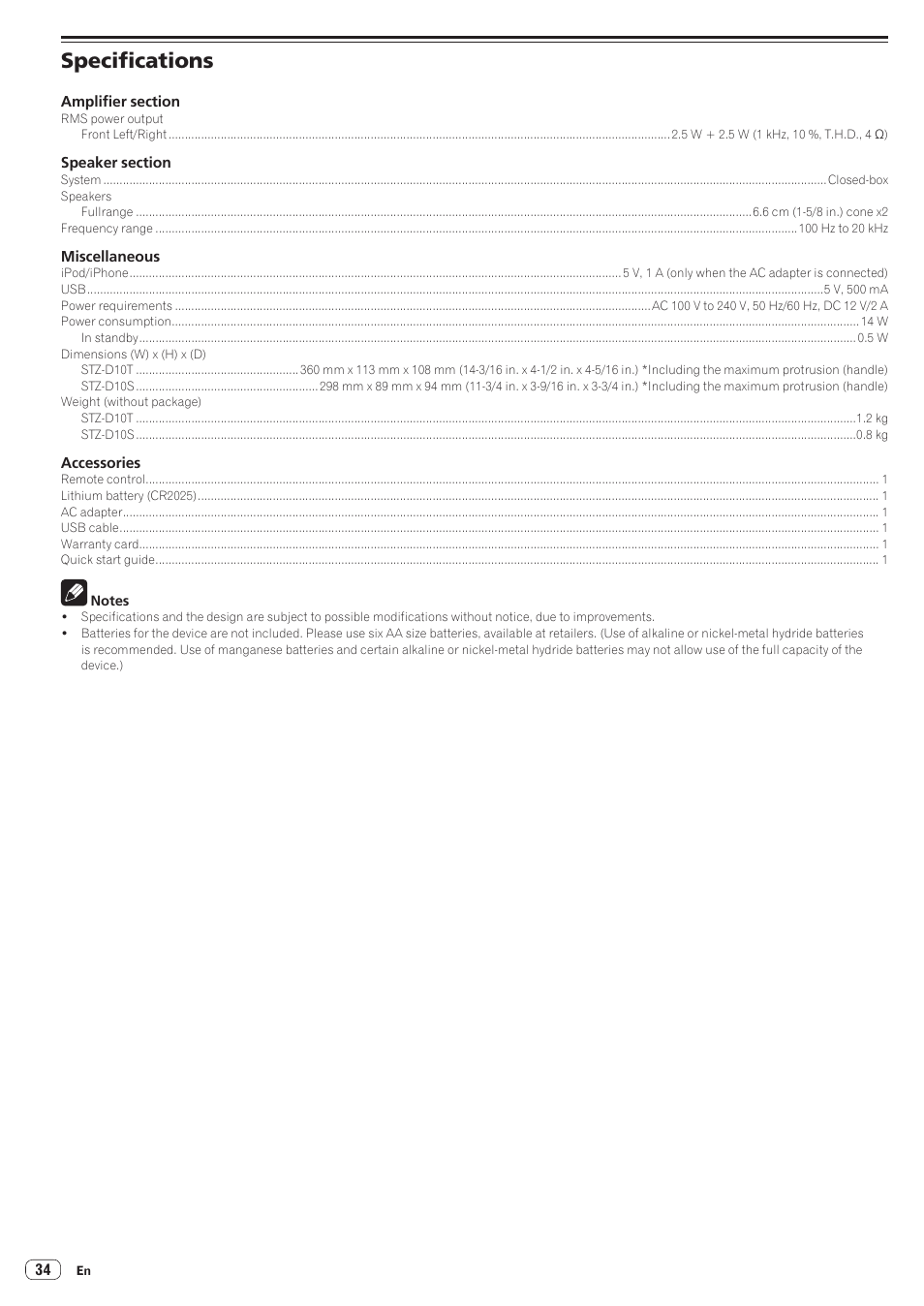 Specifications | Pioneer STZ-D10T-G User Manual | Page 34 / 35