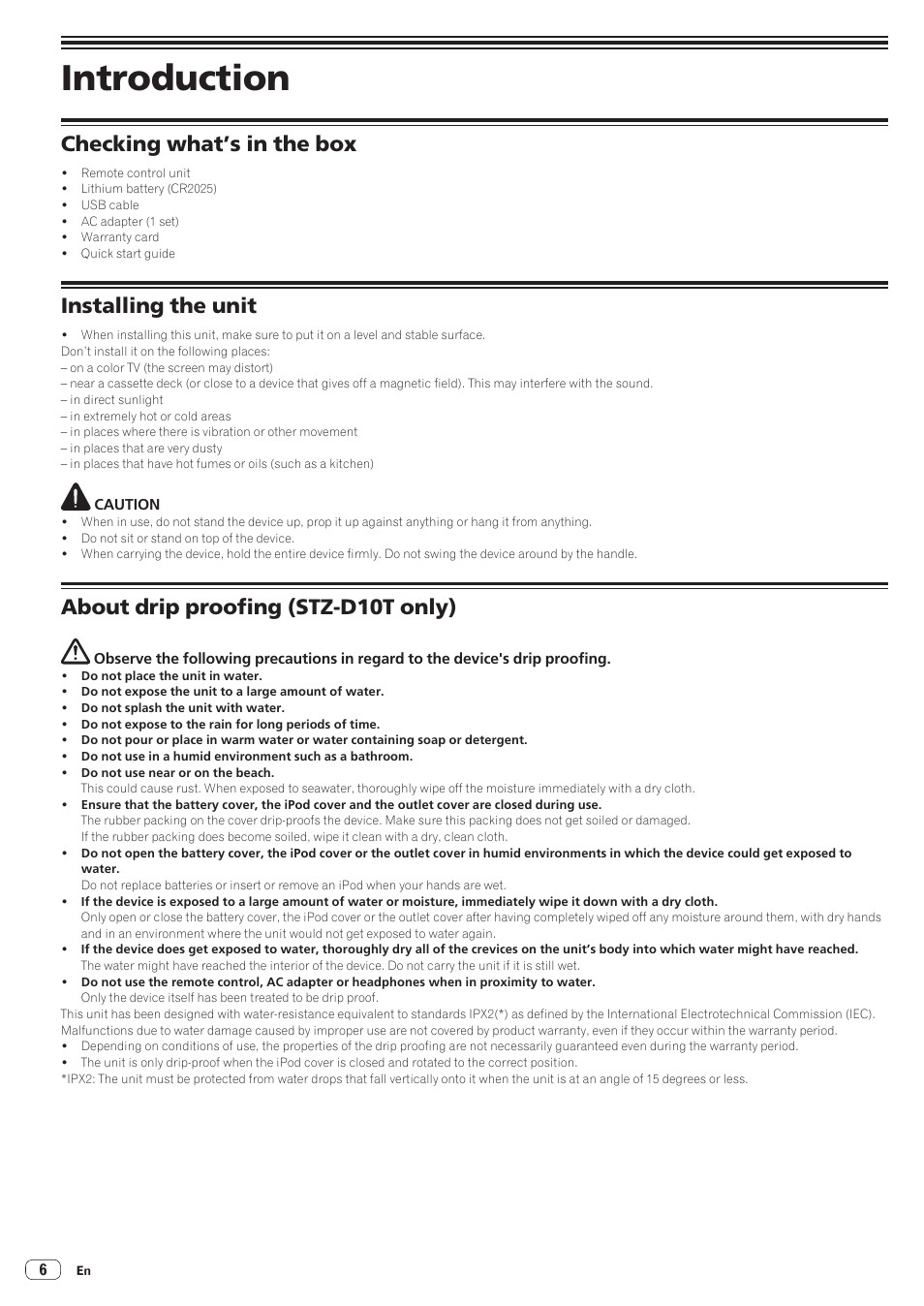 01 introduction, Introduction, Checking what’s in the box | Installing the unit, About drip proofing (stz-d10t only) | Pioneer STZ-D10T-G User Manual | Page 6 / 35