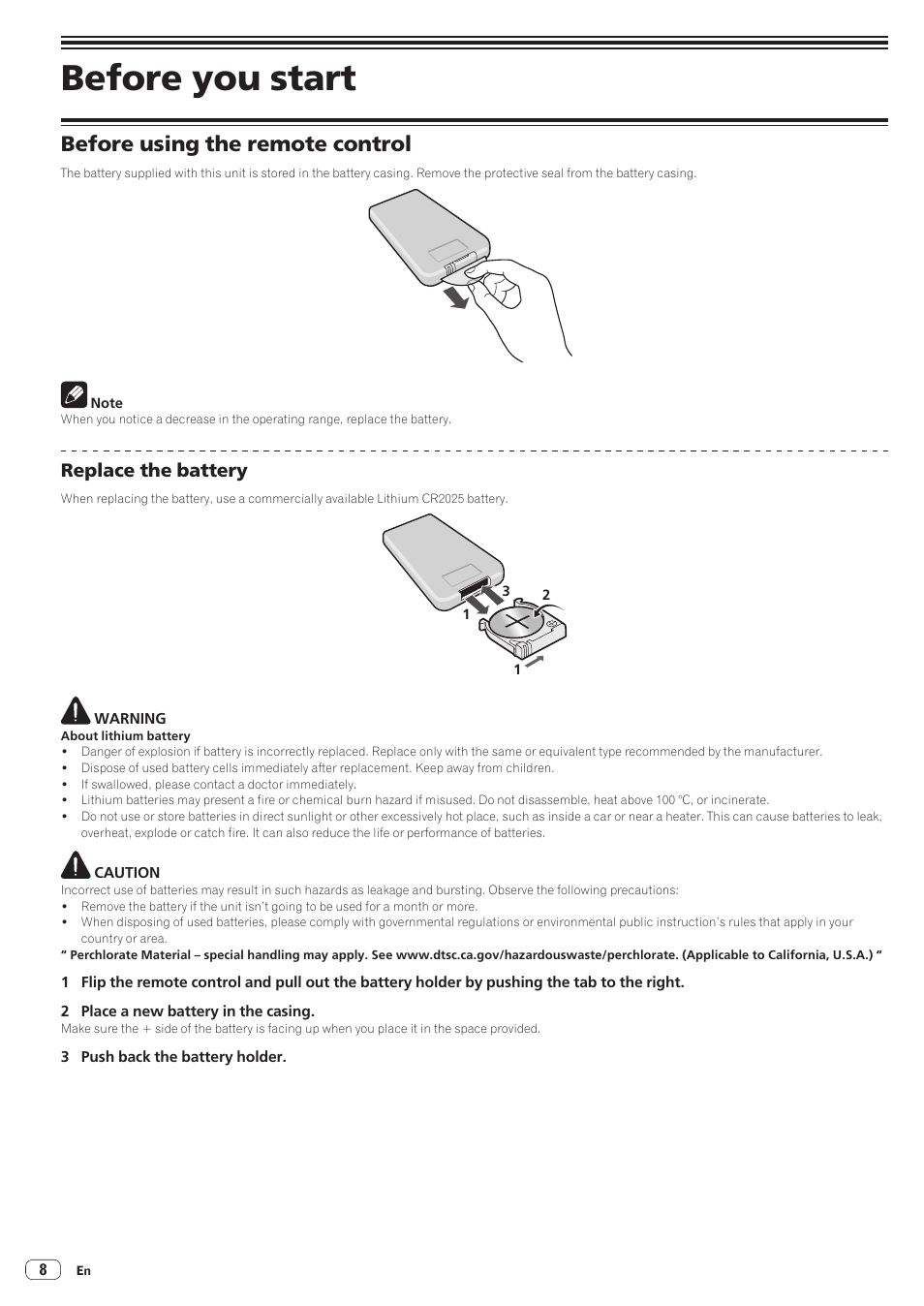 02 before you start, Before using the remote control, Replace the battery | Before you start | Pioneer STZ-D10T-G User Manual | Page 8 / 35