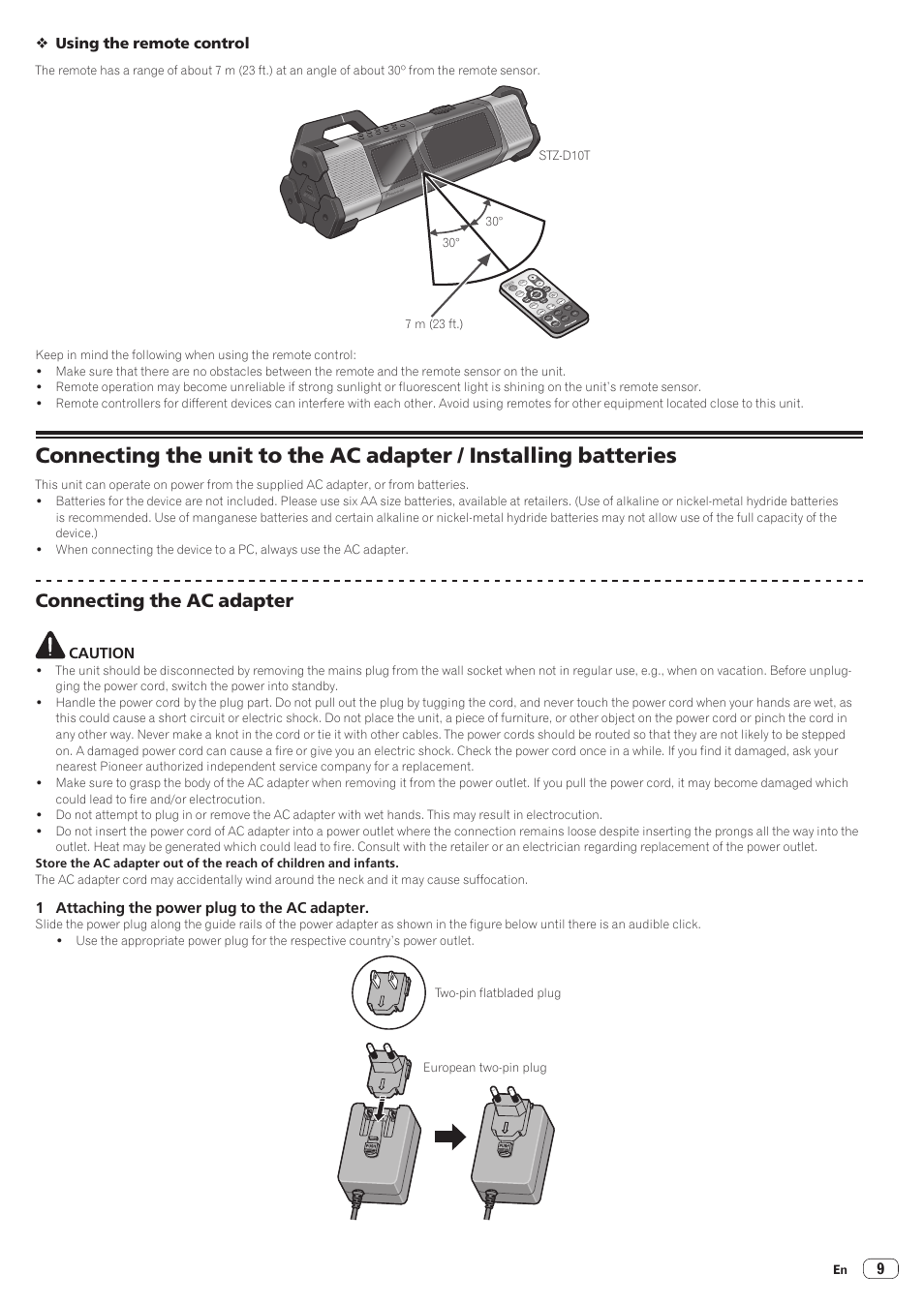 Connecting the ac adapter, Using the remote control, Caution | 1 attaching the power plug to the ac adapter | Pioneer STZ-D10T-G User Manual | Page 9 / 35