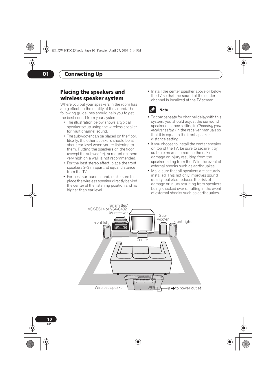 Placing the speakers and wireless speaker system, Connecting up 01 | Pioneer XW-HTD525 User Manual | Page 10 / 107