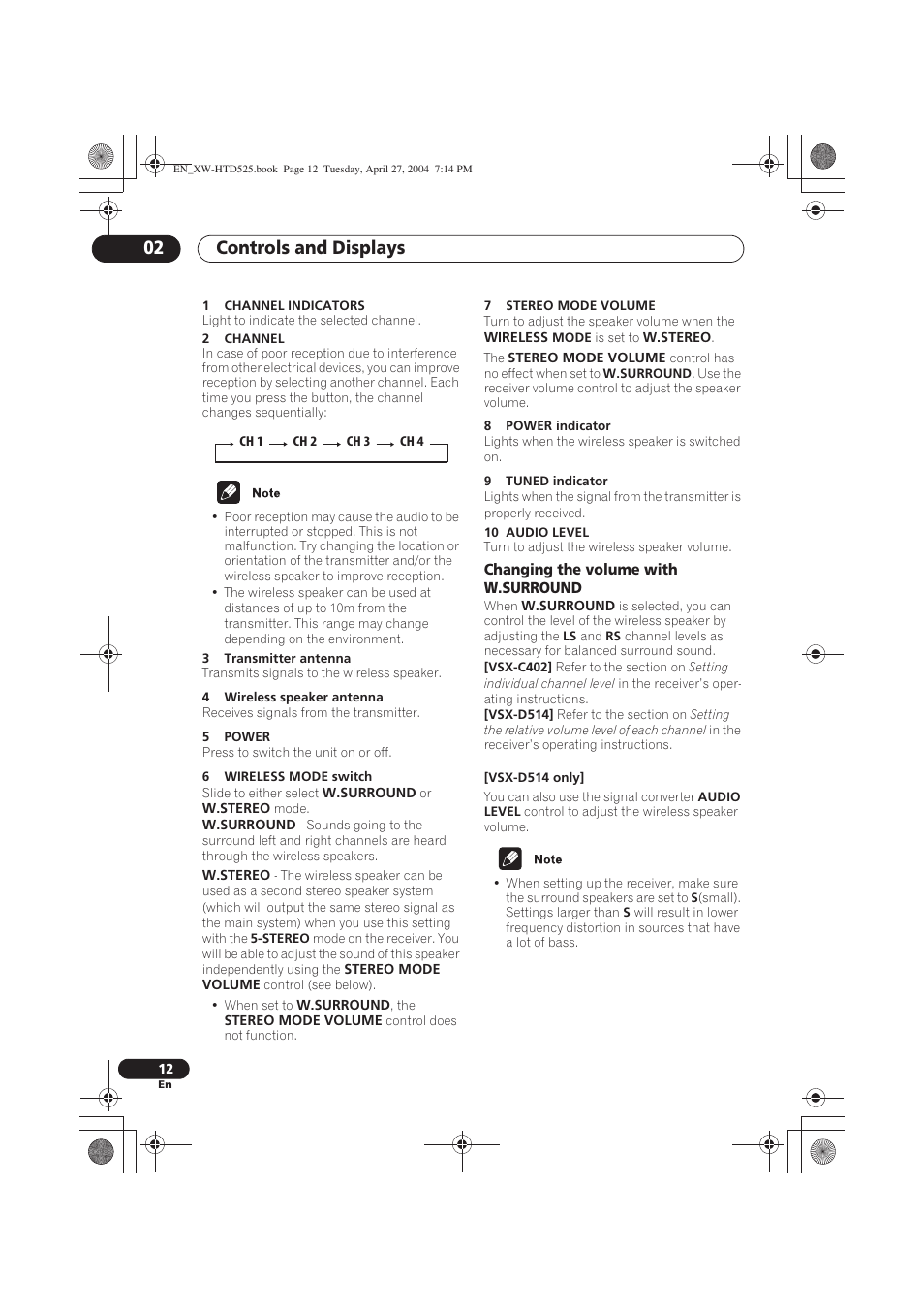 Controls and displays 02 | Pioneer XW-HTD525 User Manual | Page 12 / 107