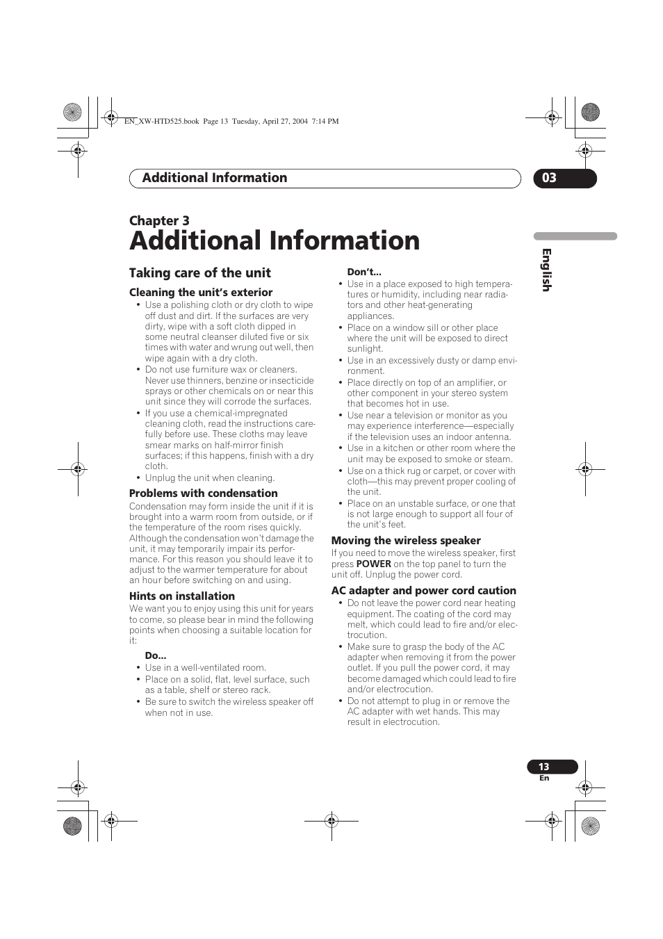 Additional information, Taking care of the unit, Additional information 03 | Chapter 3 | Pioneer XW-HTD525 User Manual | Page 13 / 107