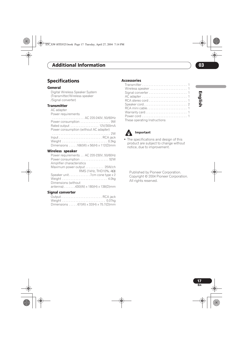 Specifications, Additional information 03 | Pioneer XW-HTD525 User Manual | Page 17 / 107