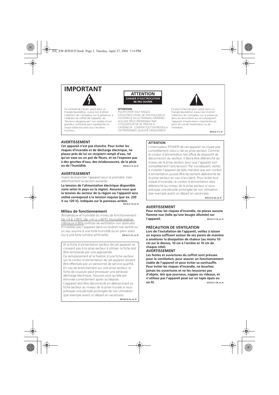 Important, Attention | Pioneer XW-HTD525 User Manual | Page 18 / 107