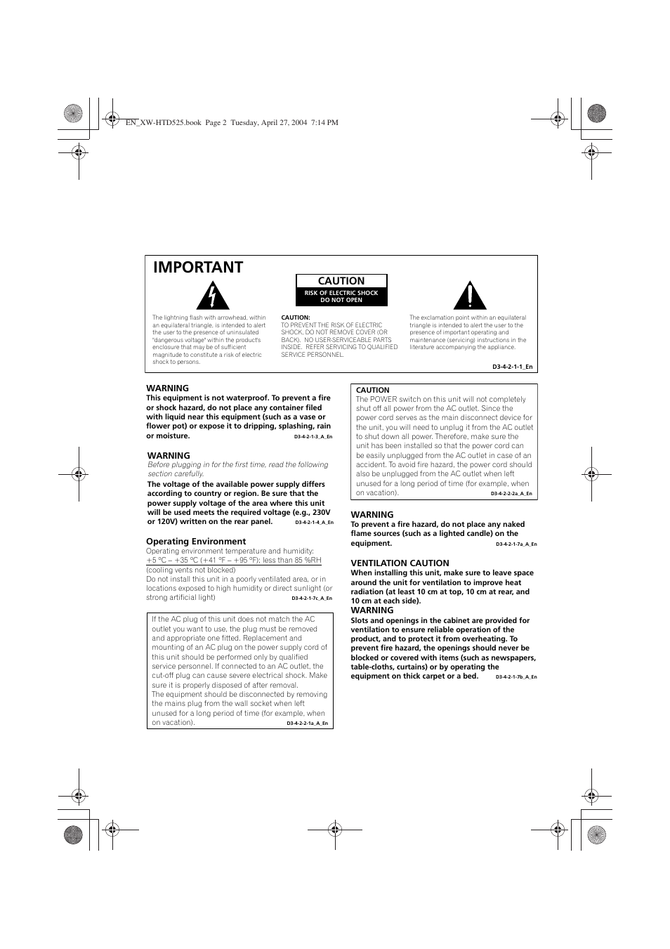 Important, Caution | Pioneer XW-HTD525 User Manual | Page 2 / 107