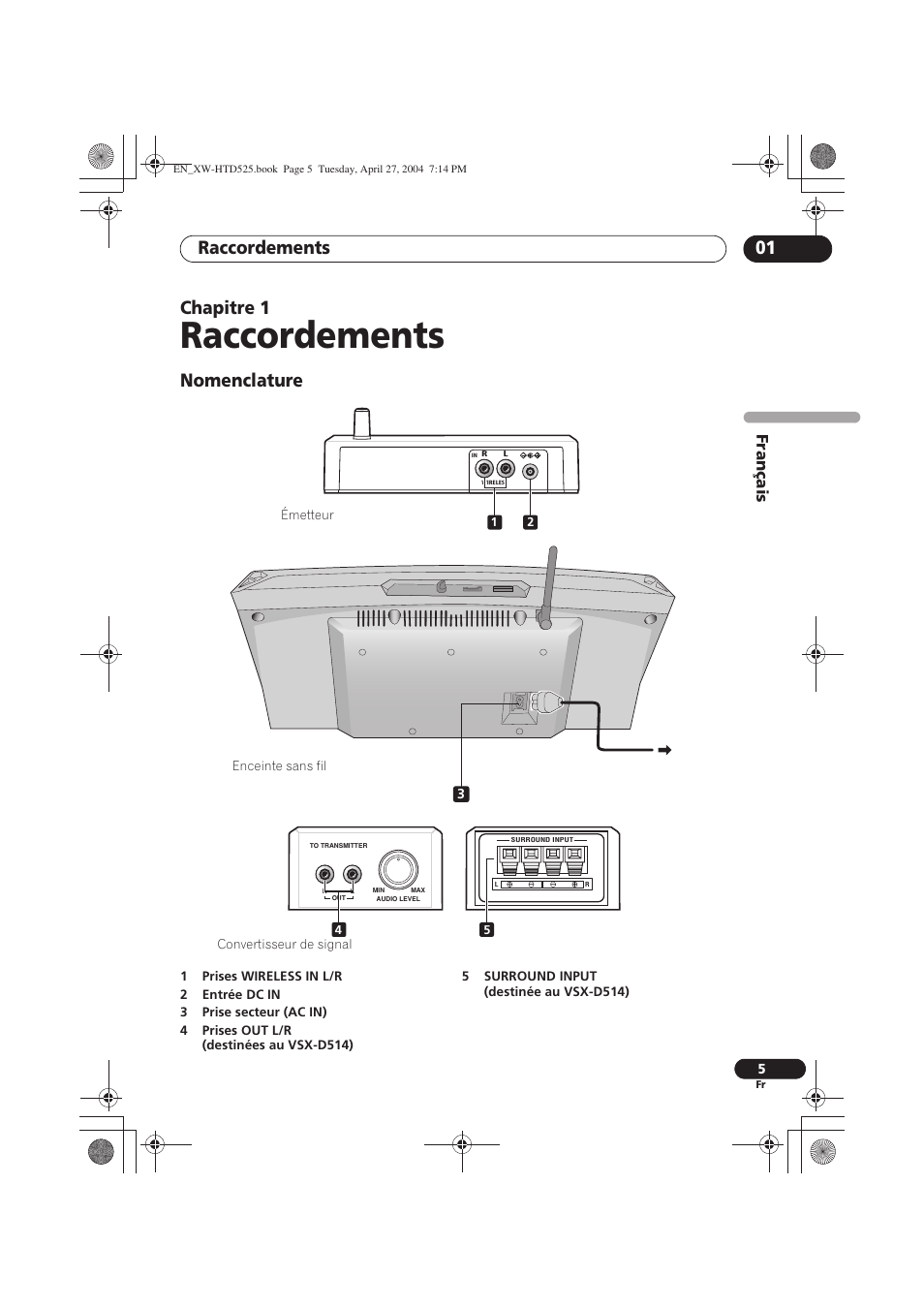 Raccordements, Nomenclature, Raccordements 01 | Chapitre 1, Français | Pioneer XW-HTD525 User Manual | Page 21 / 107