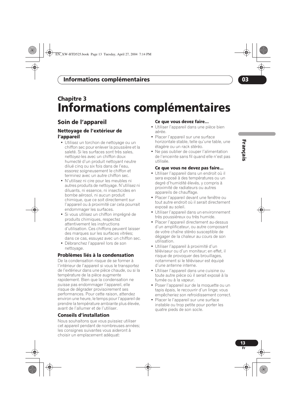 Informations complémentaires, Soin de l’appareil, Informations complémentaires 03 | Chapitre 3 | Pioneer XW-HTD525 User Manual | Page 29 / 107