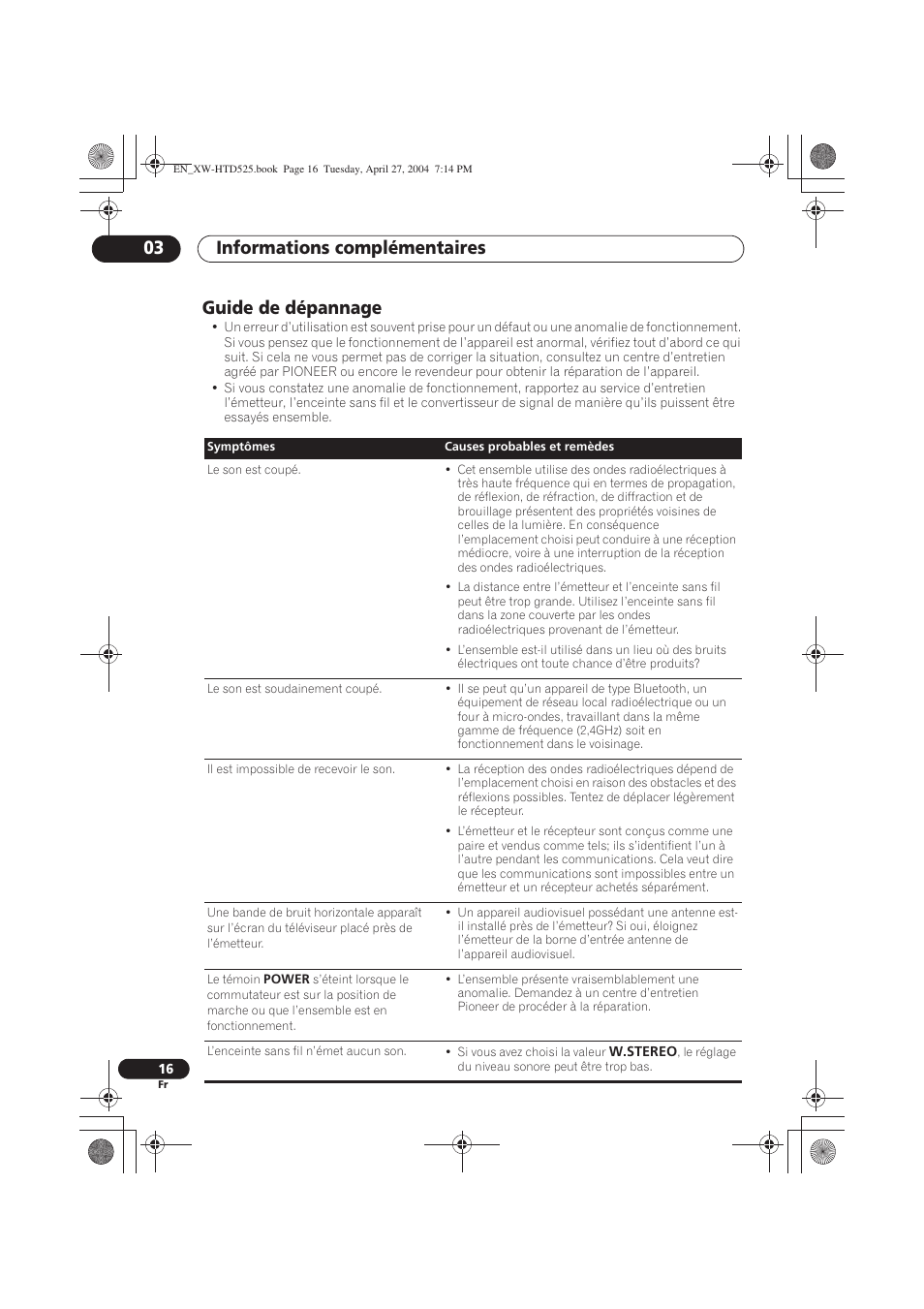 Guide de dépannage, Informations complémentaires 03 | Pioneer XW-HTD525 User Manual | Page 32 / 107