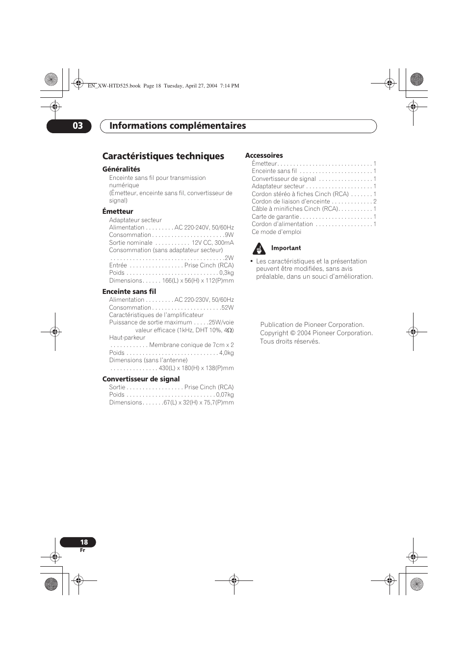 Caractéristiques techniques, Informations complémentaires 03 | Pioneer XW-HTD525 User Manual | Page 34 / 107