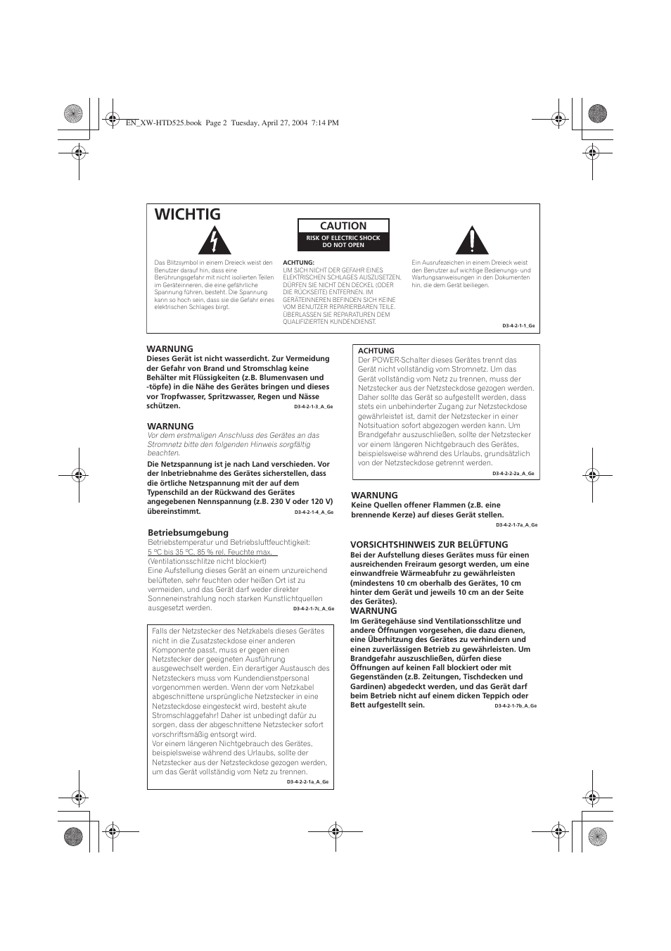 Wichtig, Caution | Pioneer XW-HTD525 User Manual | Page 36 / 107