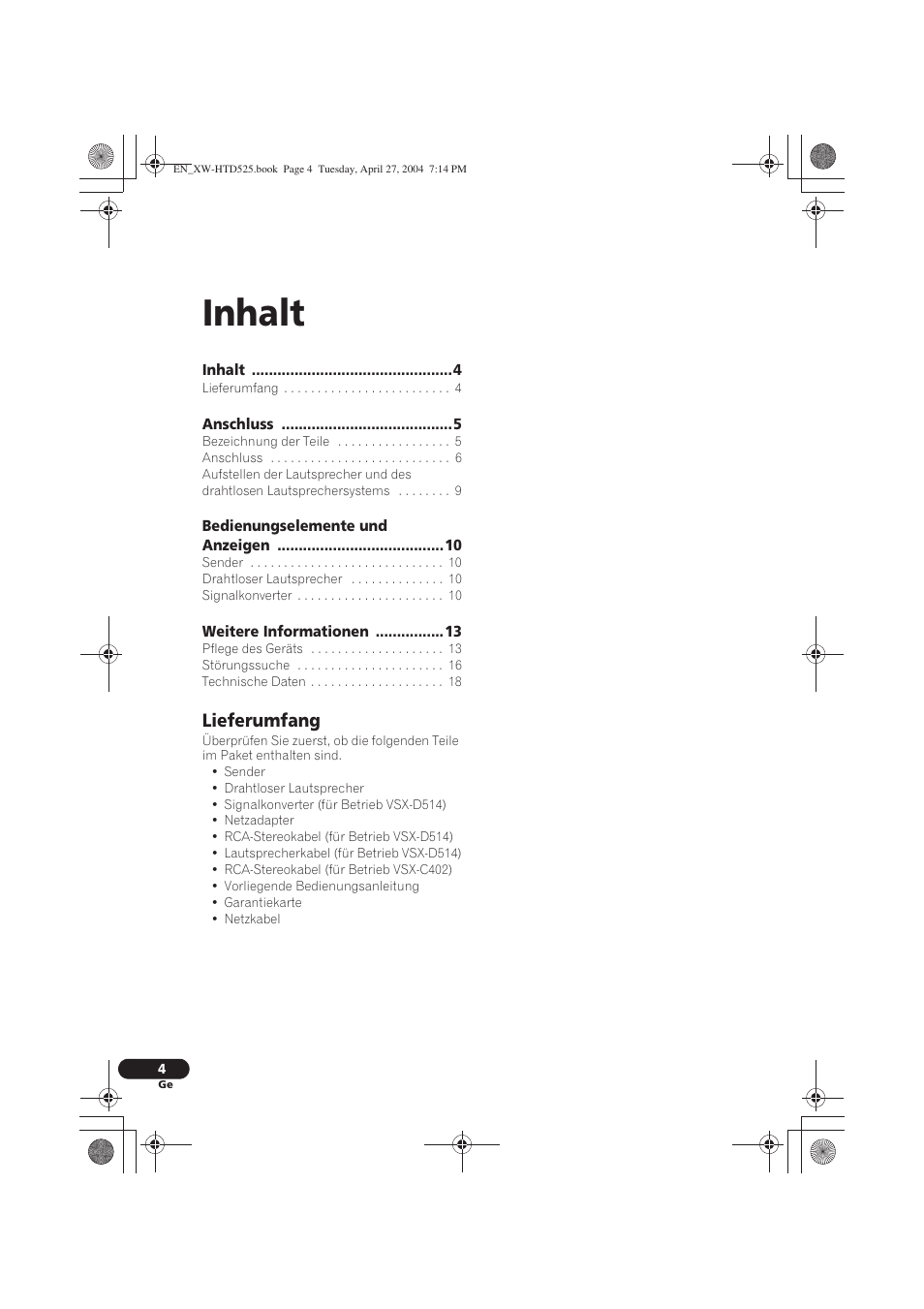 Bedienungsanleitung, Inhalt, Lieferumfang | Pioneer XW-HTD525 User Manual | Page 38 / 107