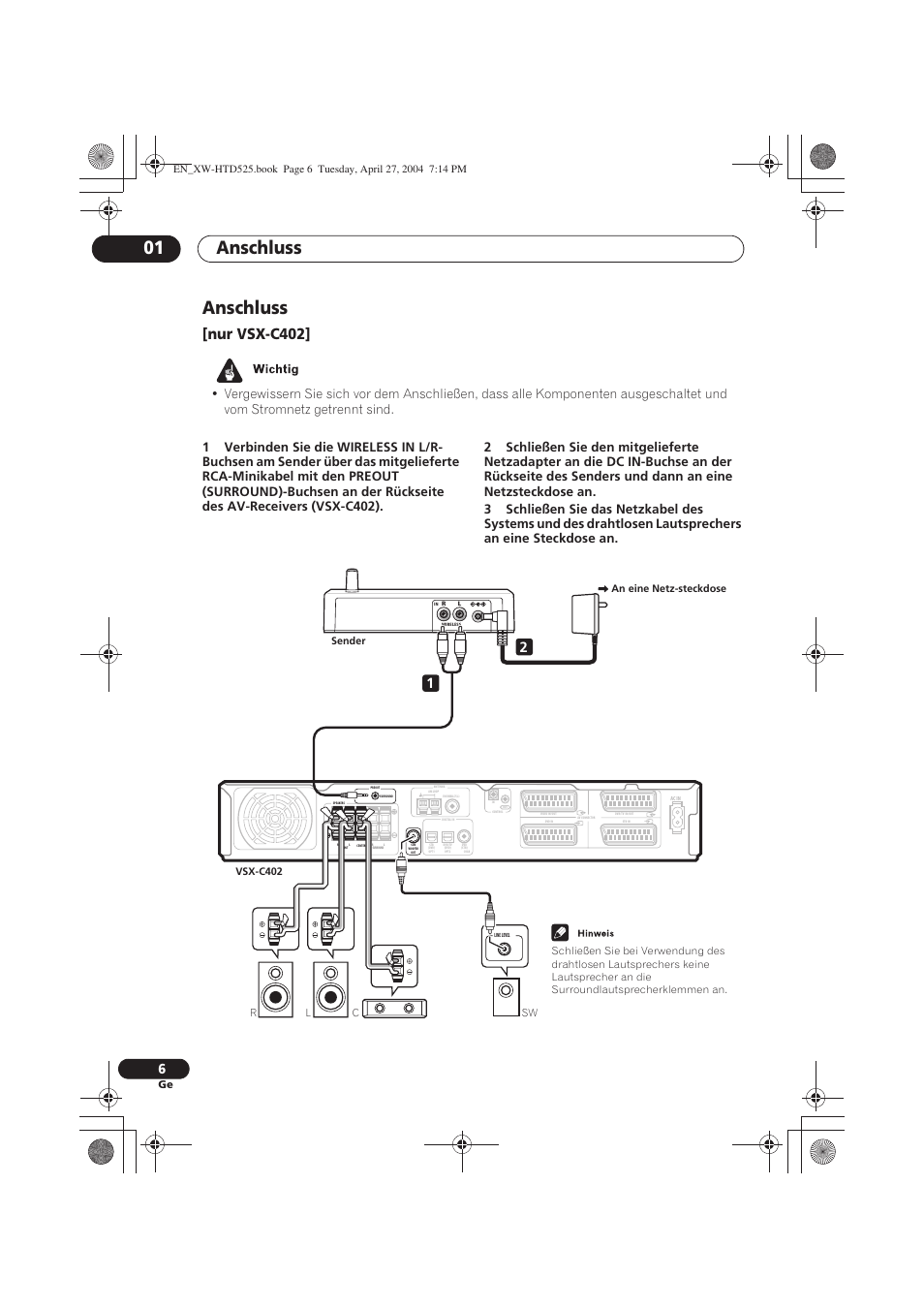 Anschluss, Anschluss 01, Nur vsx-c402 | Pioneer XW-HTD525 User Manual | Page 40 / 107