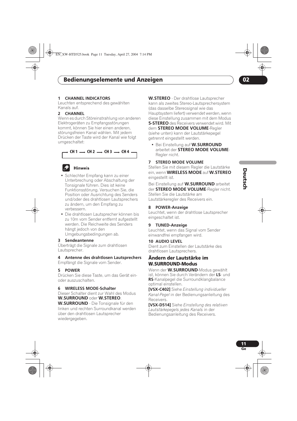 Bedienungselemente und anzeigen 02 | Pioneer XW-HTD525 User Manual | Page 45 / 107