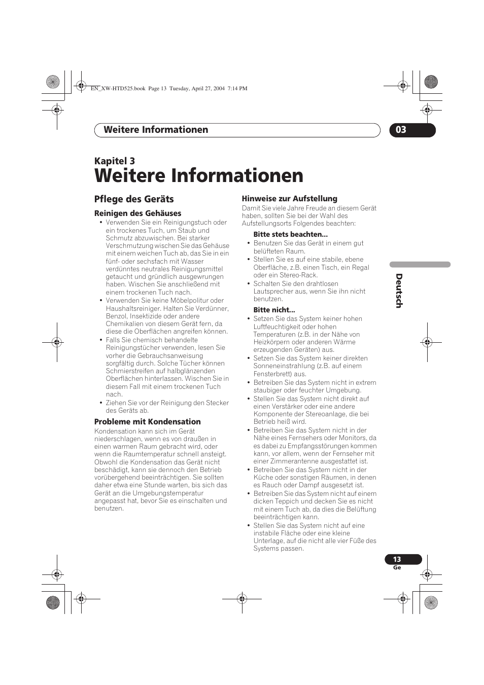 Weitere informationen, Pflege des geräts, Weitere informationen 03 | Kapitel 3 | Pioneer XW-HTD525 User Manual | Page 47 / 107