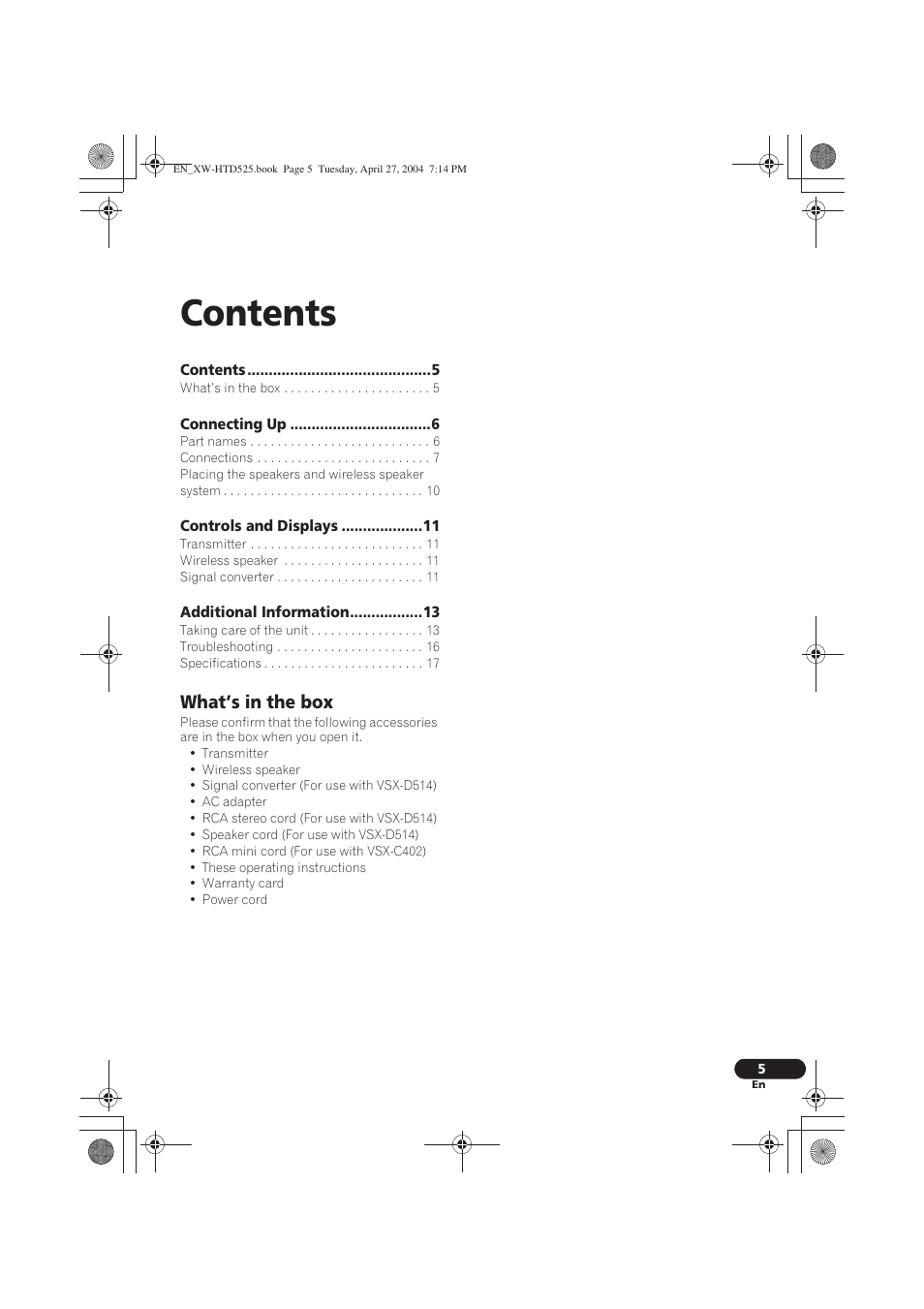 Pioneer XW-HTD525 User Manual | Page 5 / 107