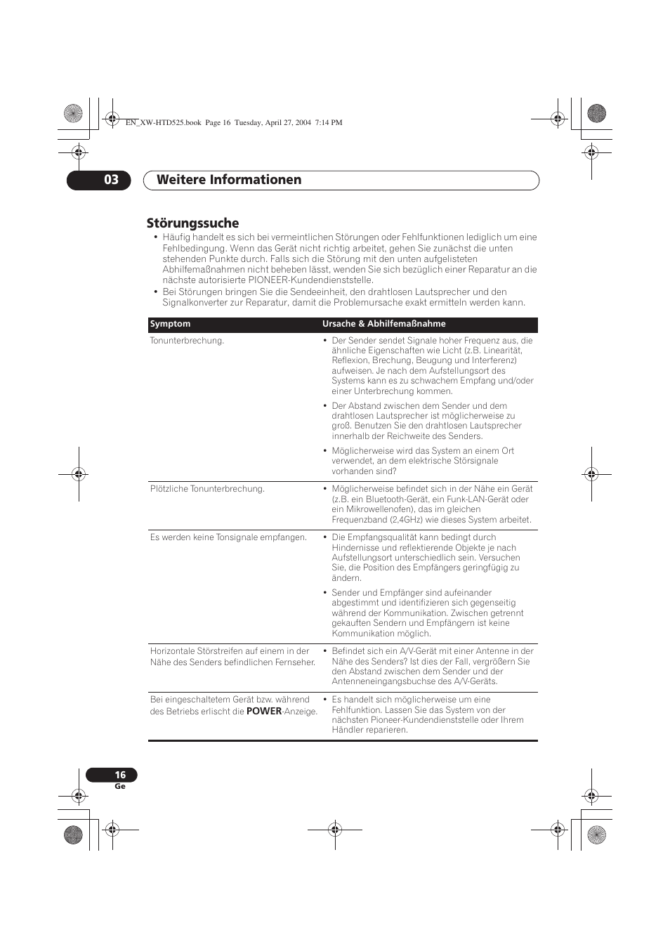 Störungssuche, Weitere informationen 03 | Pioneer XW-HTD525 User Manual | Page 50 / 107