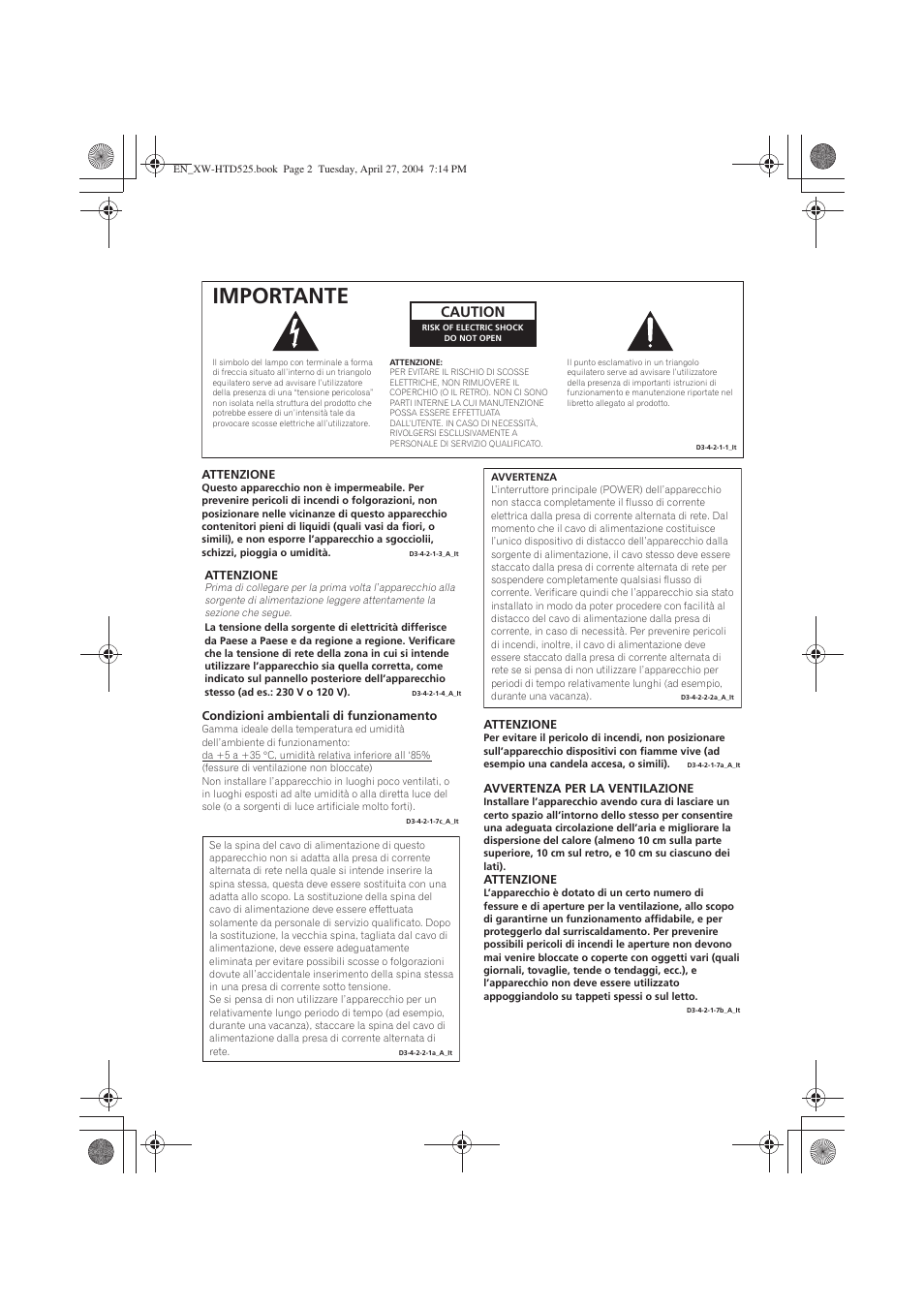 Importante, Caution | Pioneer XW-HTD525 User Manual | Page 54 / 107
