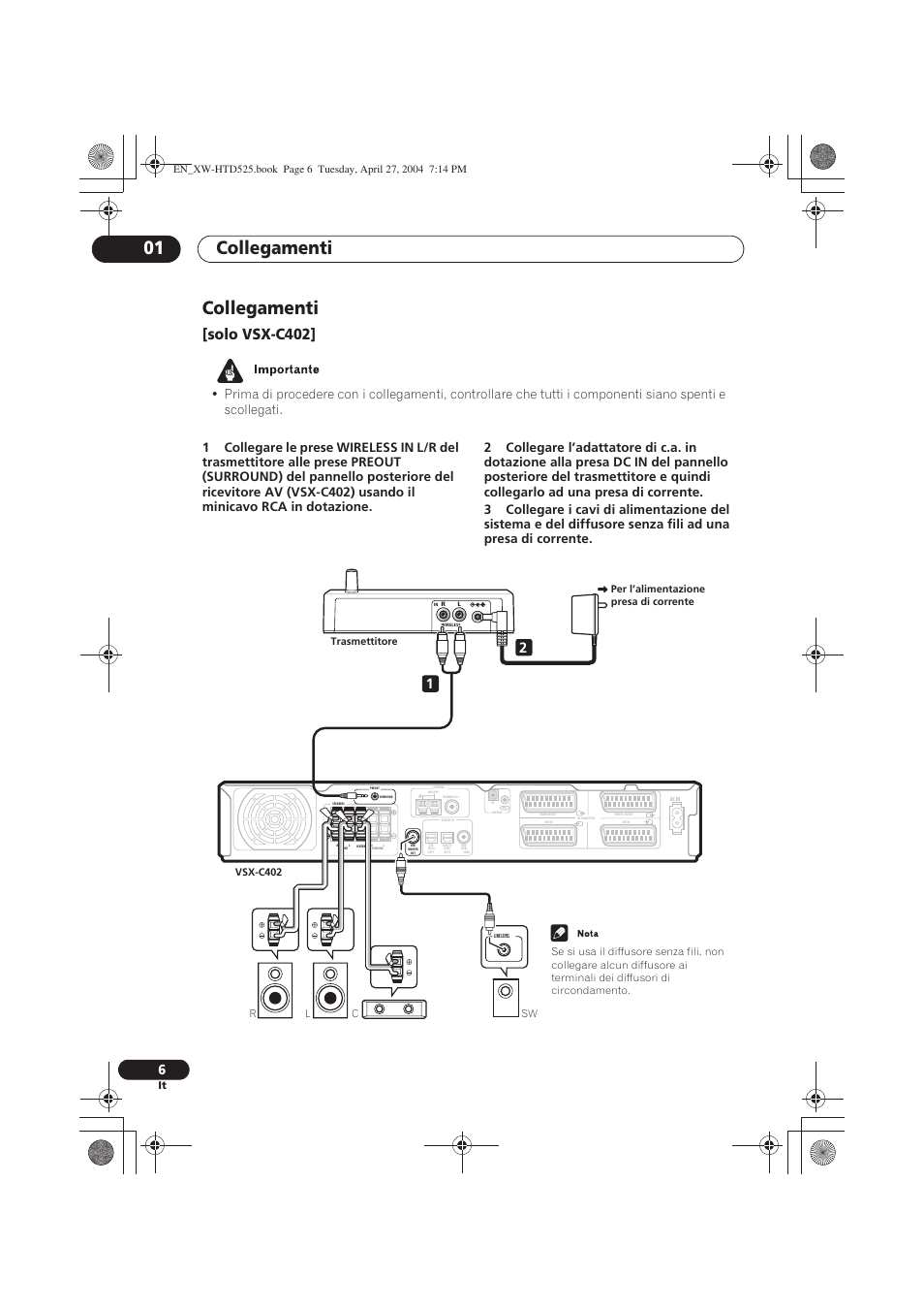 Collegamenti, Collegamenti 01, Solo vsx-c402 | Pioneer XW-HTD525 User Manual | Page 58 / 107