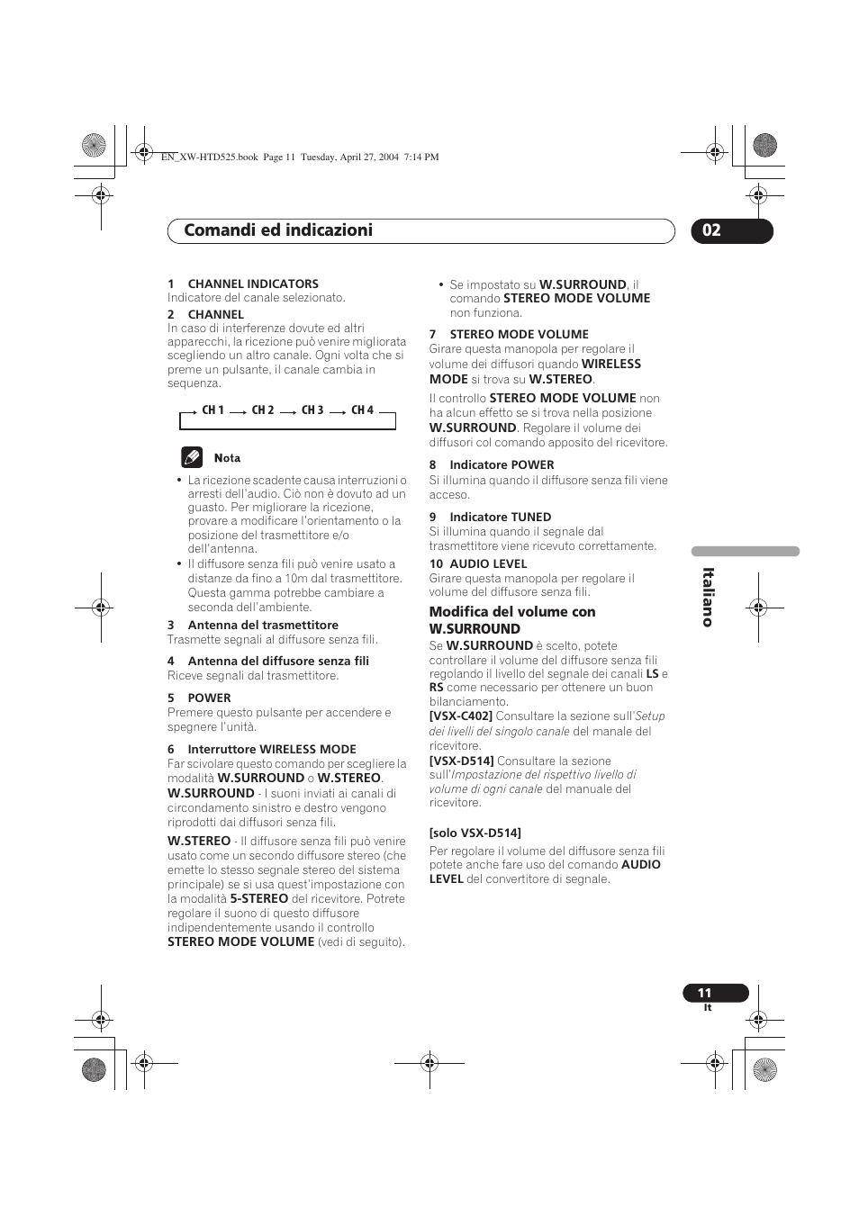 Comandi ed indicazioni 02 | Pioneer XW-HTD525 User Manual | Page 63 / 107